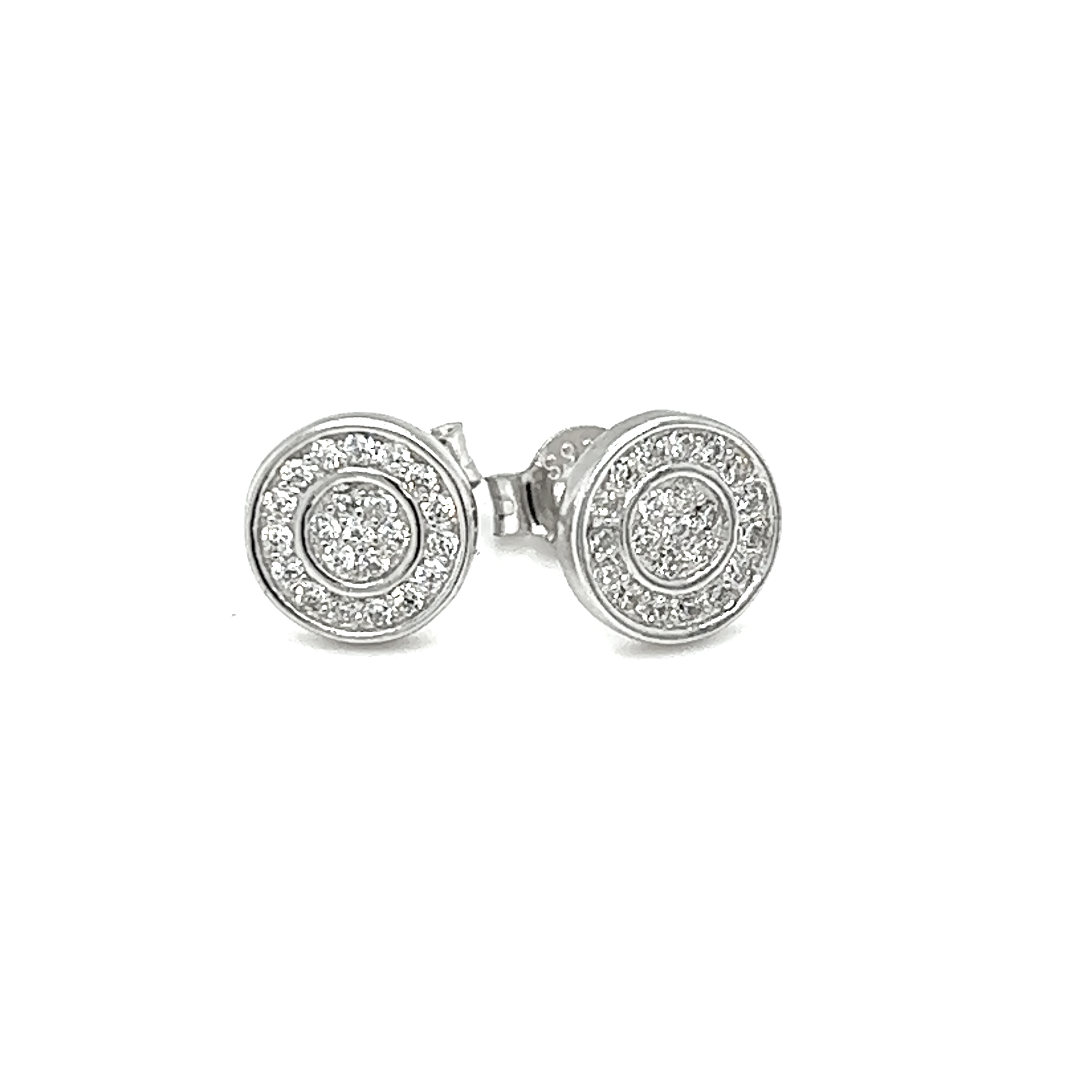 A pair of Super Silver Double Circle CZ Studs, perfect for lovers of fine jewelry.