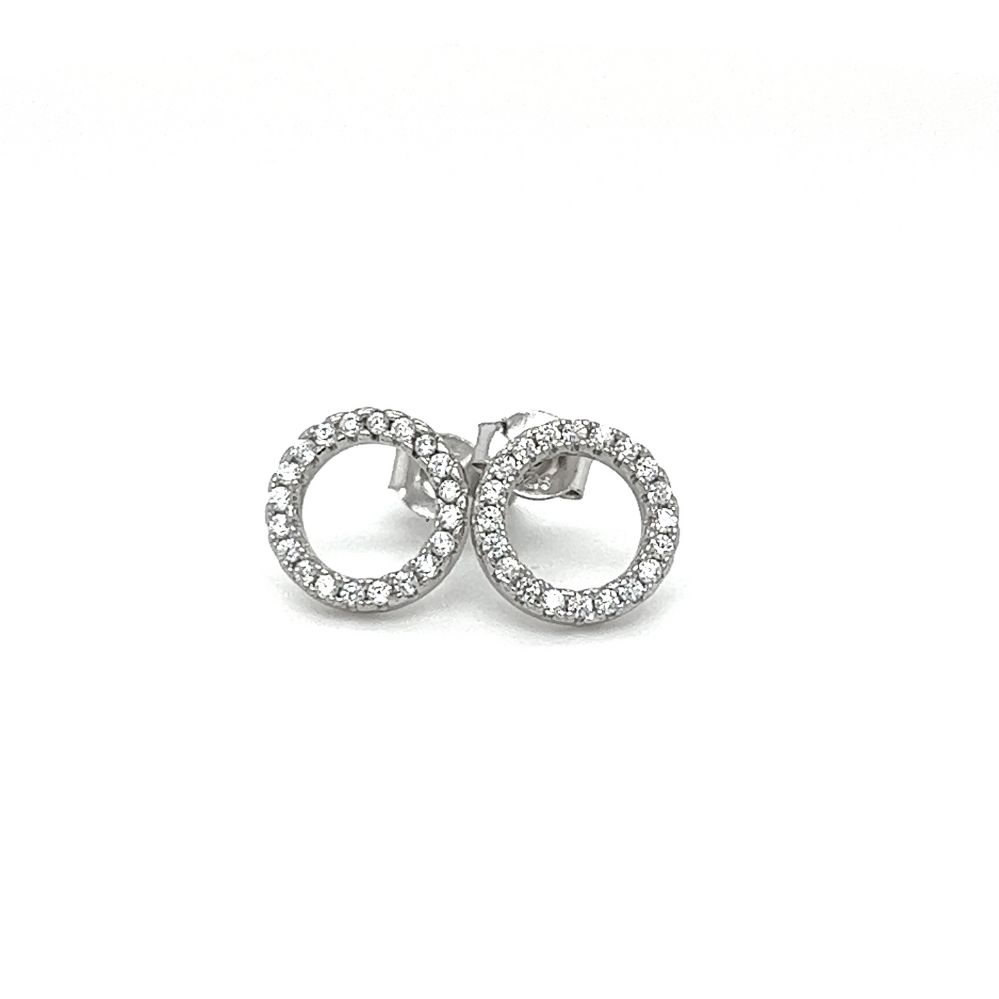 
                  
                    A pair of Super Silver CZ Outline Circle Studs adorned with diamonds and cubic zirconia.
                  
                