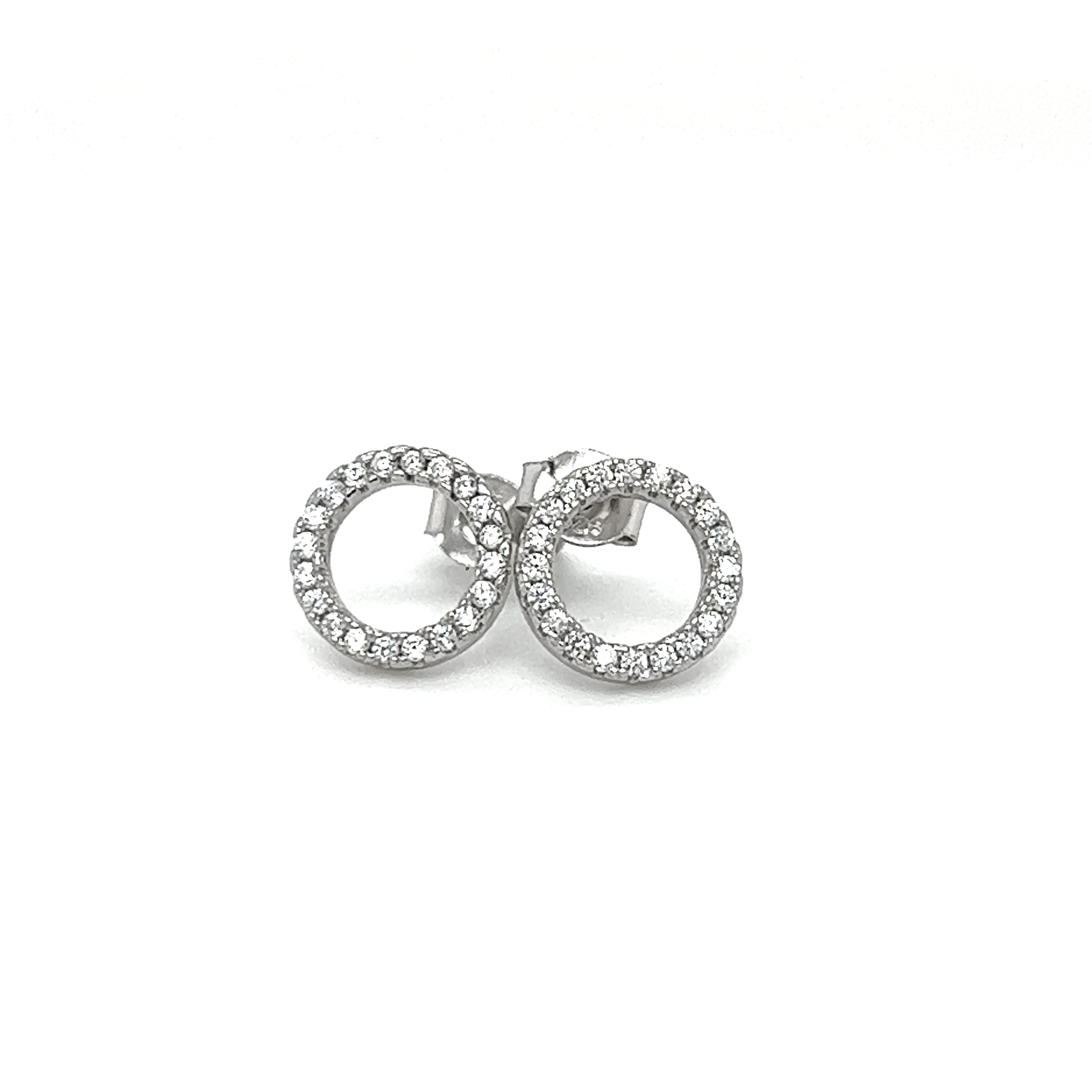 A pair of Super Silver CZ Outline Circle Studs adorned with diamonds and cubic zirconia.