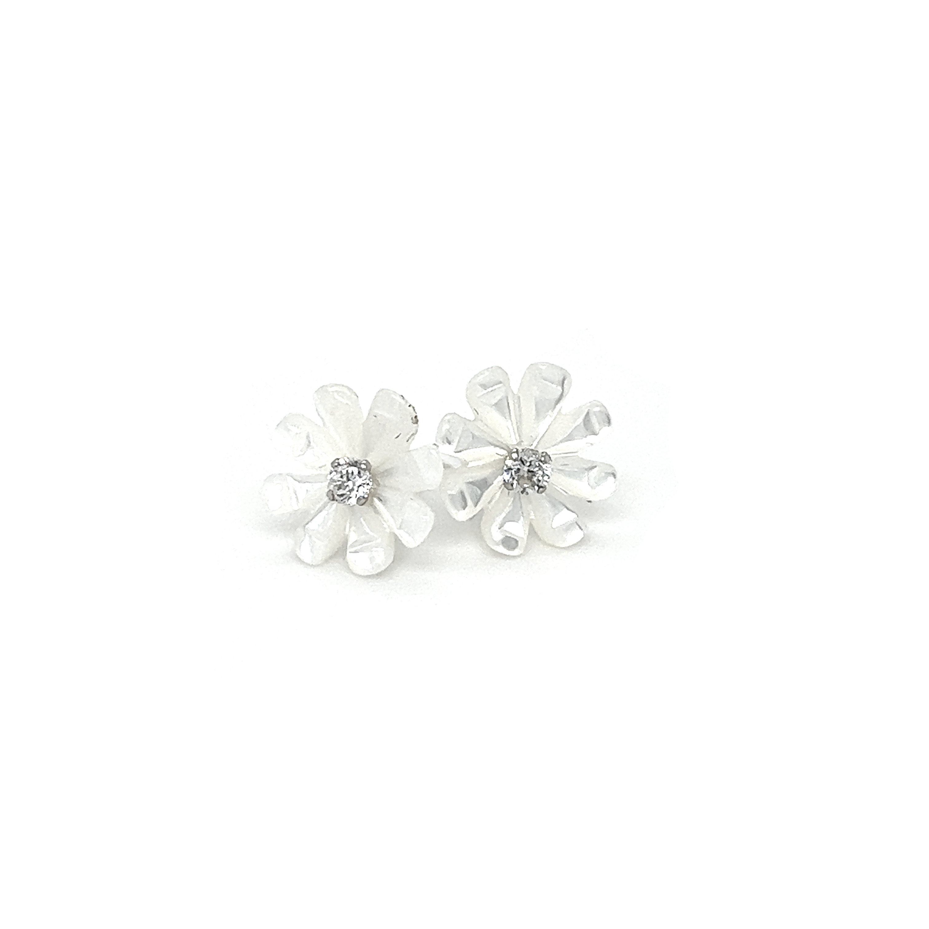 A pair of Super Silver Mother of Pearl Flower with Cubic Zirconia Center stud earrings.
