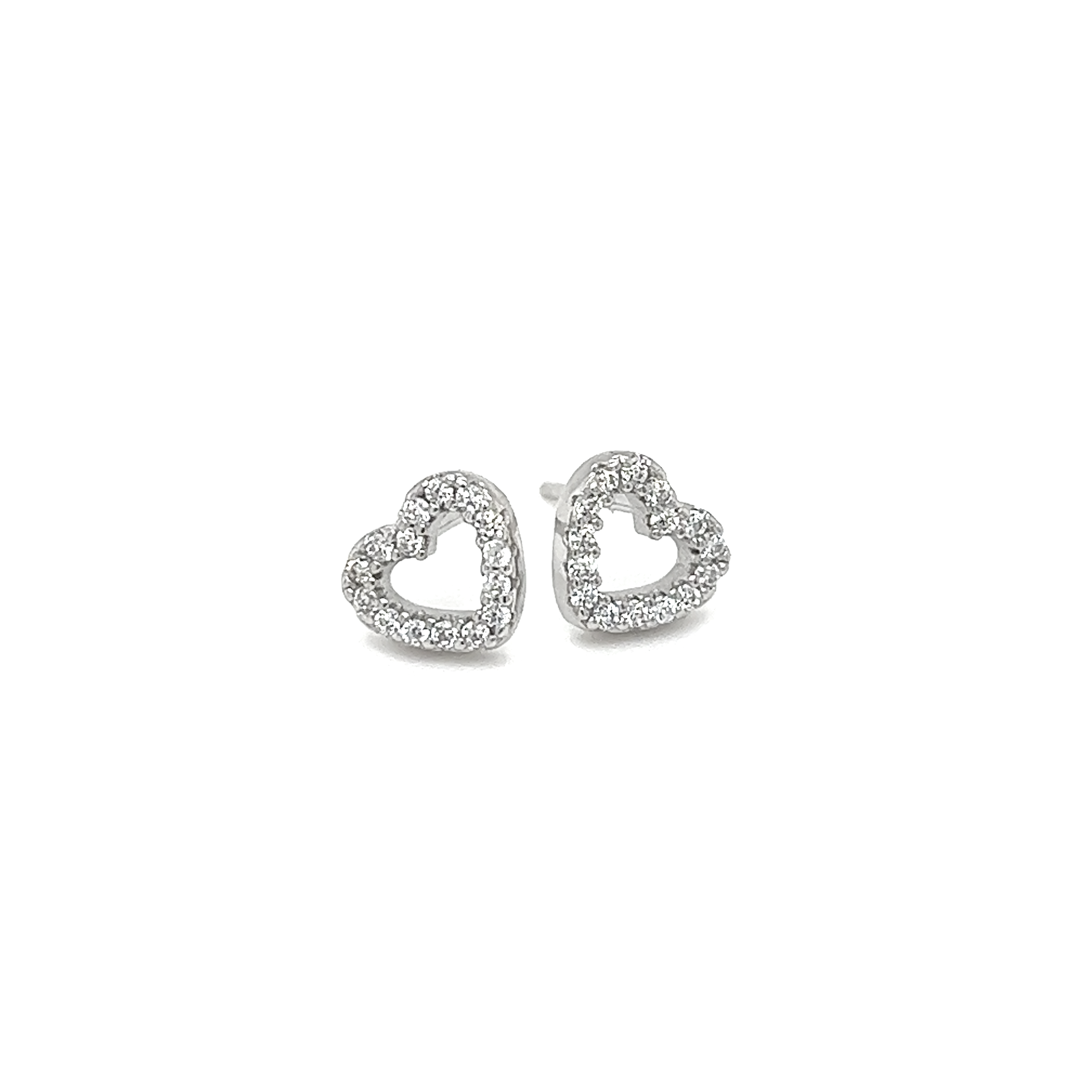 A pair of Super Silver Heart Outline Cubic Zirconia Studs on a white background.