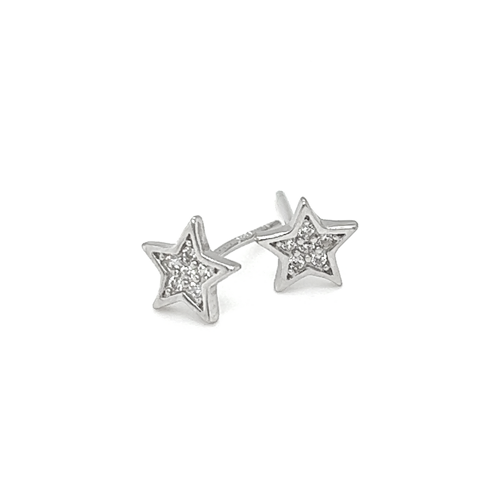 A pair of Super Silver Cubic Zirconia Star Stud Earrings adorned with diamonds that will surely delight star gazers and celestial enthusiasts.