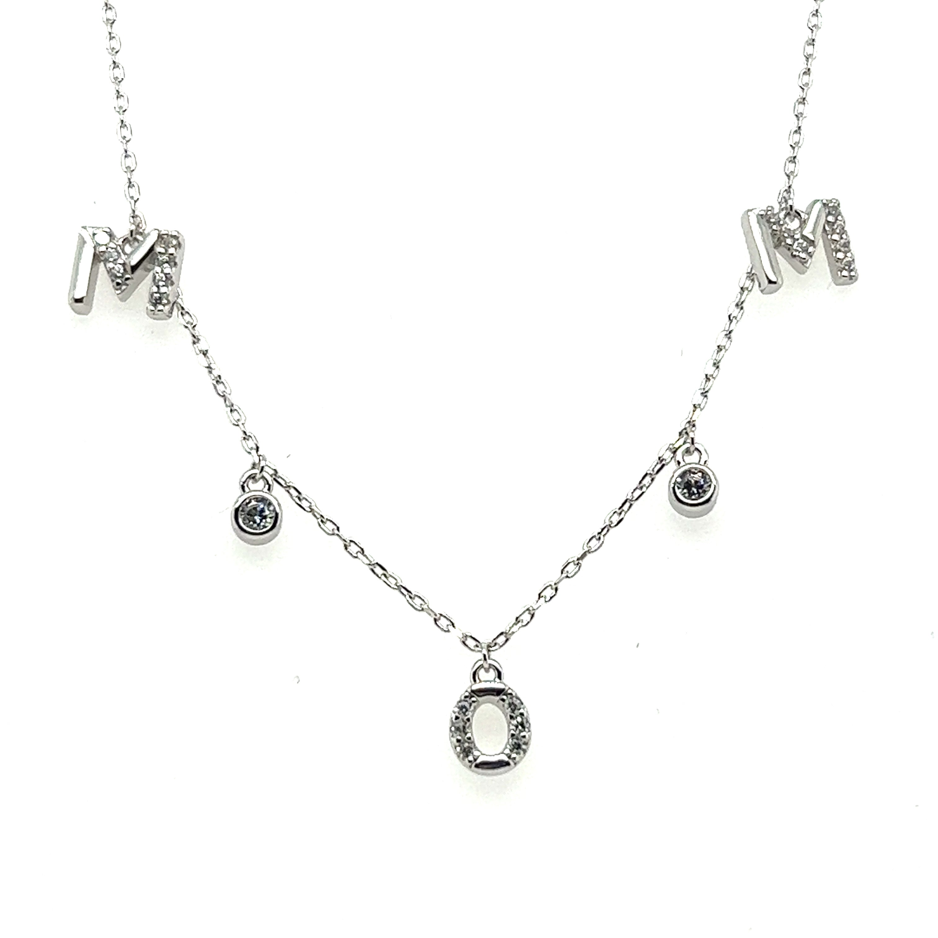 A Super Silver Mom and Mama Necklace with three initials and a sparkling diamond made with cubic zirconia stones.