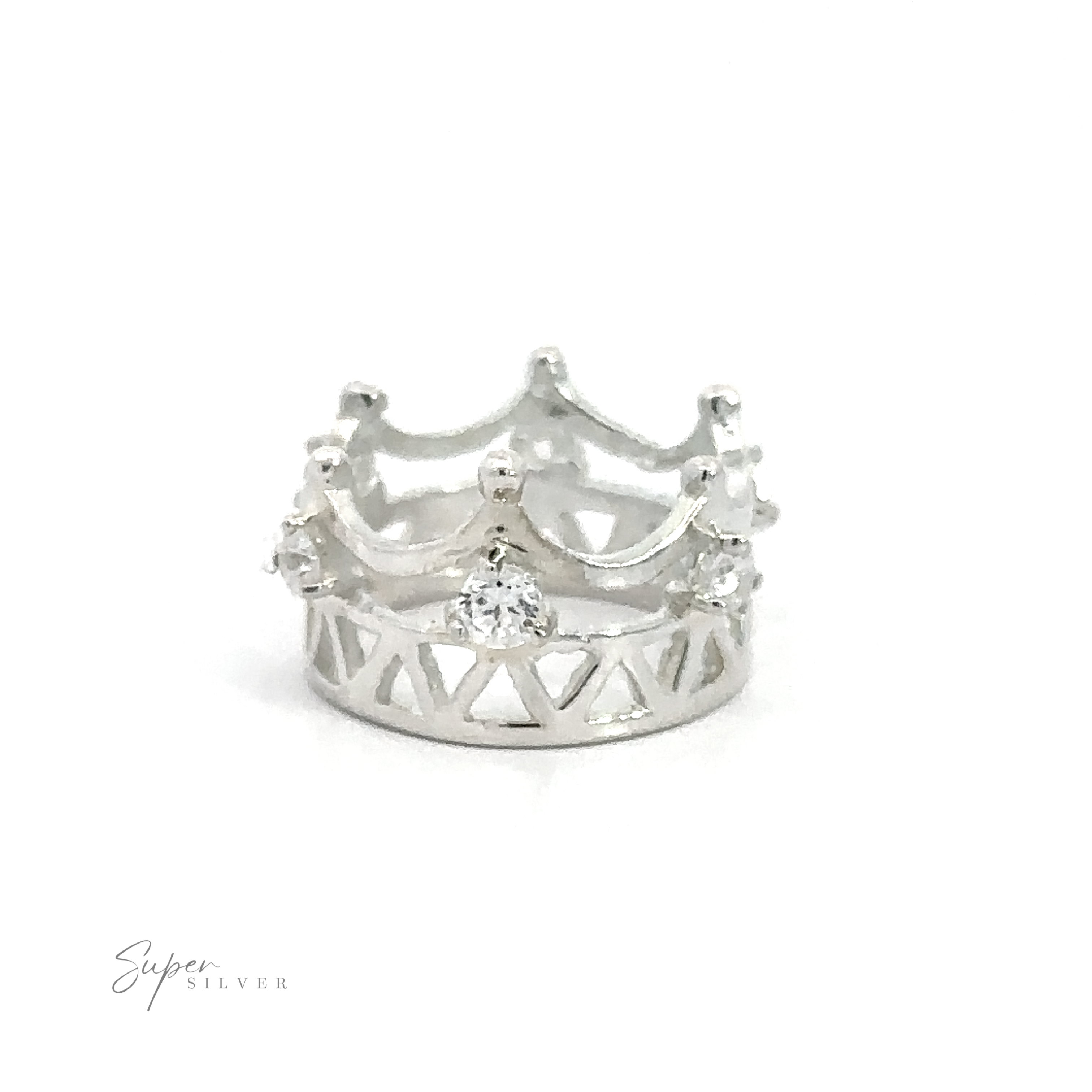 A silver ring designed to resemble a crown, adorned with small diamonds, exuding the elegance of a Cubic Zirconia Crown Pendant. The "Super Silver" logo is visible in the lower left corner.