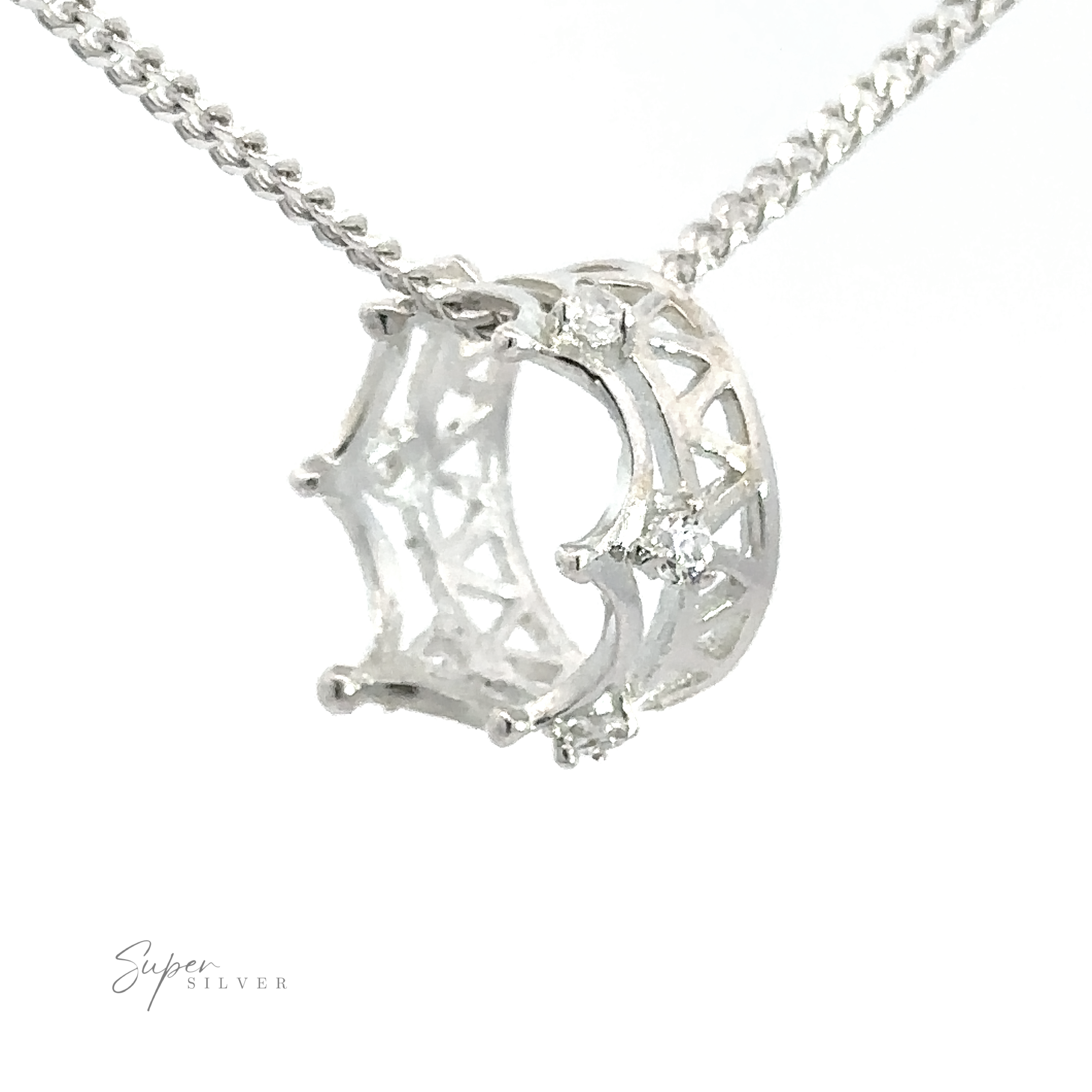 A close-up image of a Cubic Zirconia Crown Pendant on a silver chain. The pendant features a lattice design adorned with small cubic zirconia crystals. The logo "Super Silver" is visible in the bottom left corner.