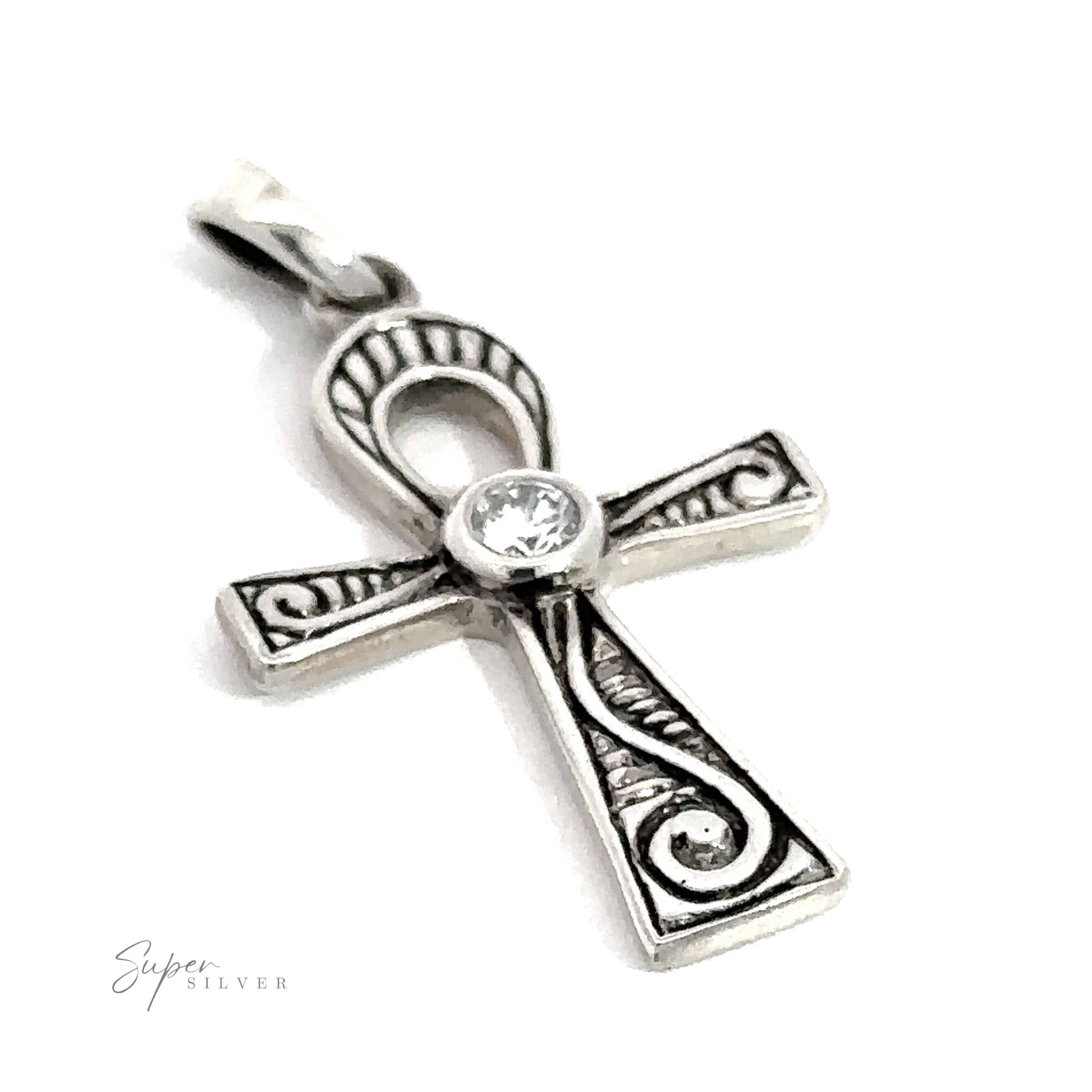 Cubicz Zirconia Ankh Pendant crafted in sterling silver with ornate detailing and a central cubic zirconia, shown on a white background.
