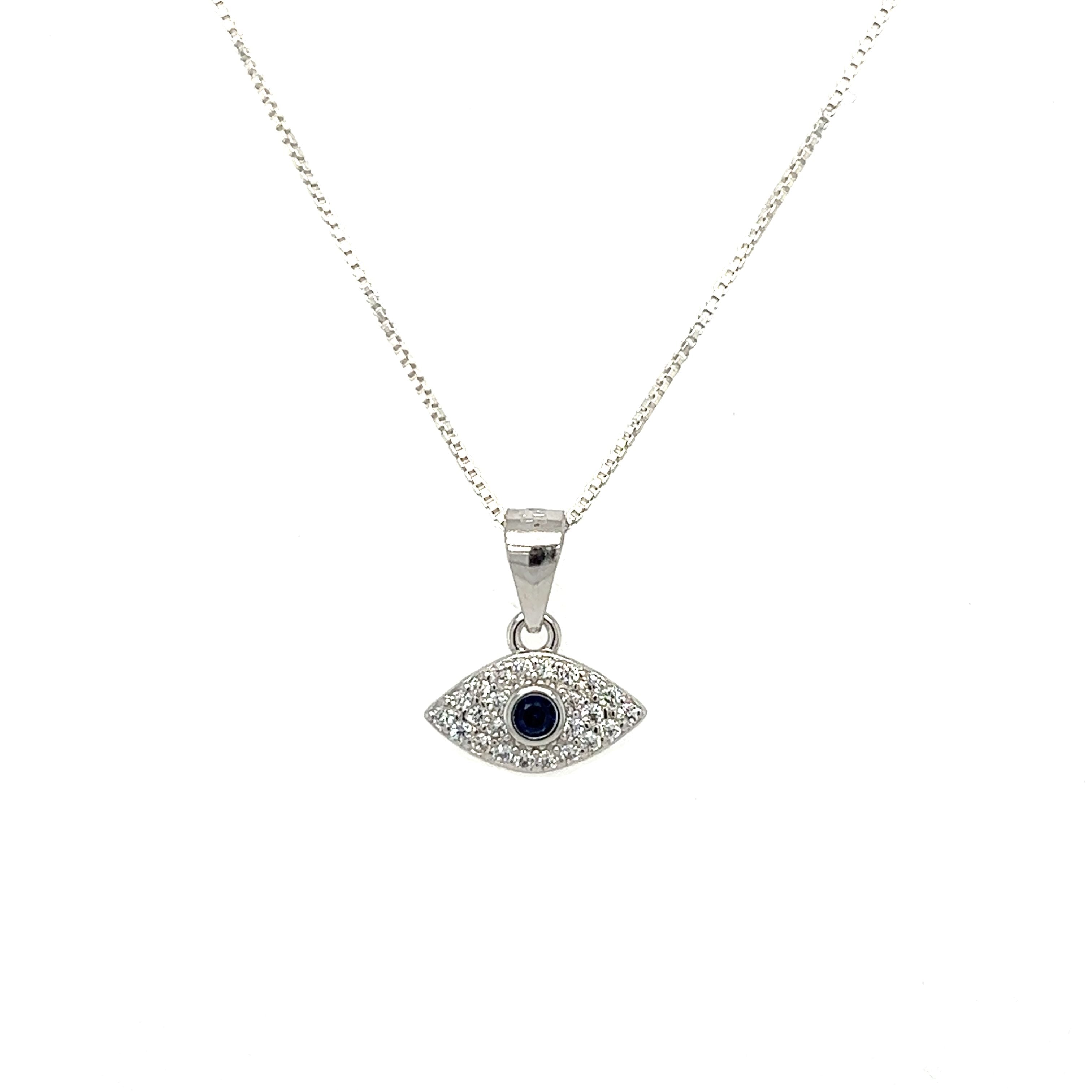 A stunning Evil Eye Pave Cubic Zirconia Charms pendant on a silver chain, adorned with sparkling pave cubic zirconia.