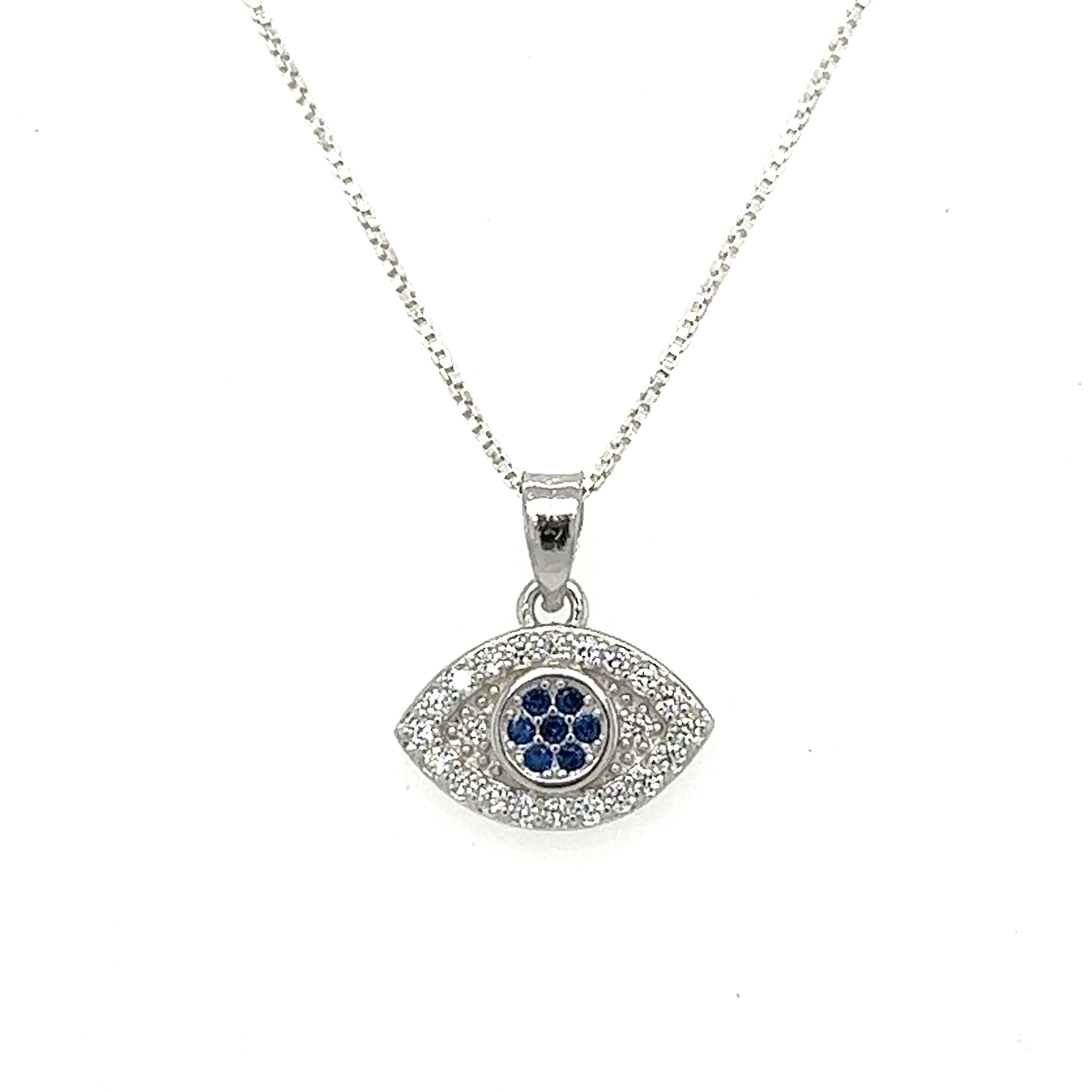 A captivating Evil Eye Pave Cubic Zirconia Charms pendant adorned with sparkling diamonds and mesmerizing sapphires.