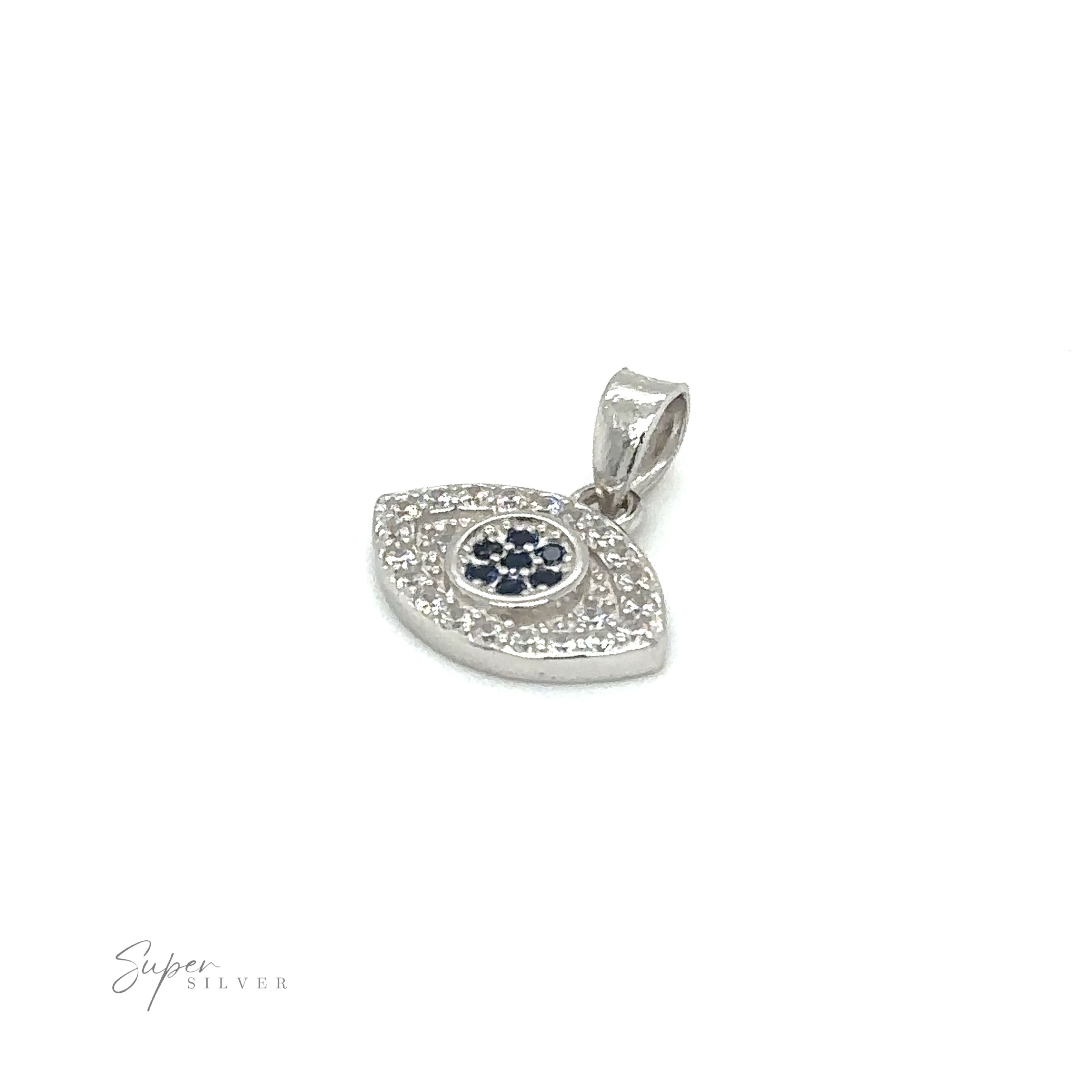 An Evil Eye Pave Cubic Zirconia Charms pendant adorned by diamonds, blue sapphires, and pave cubic zirconia.