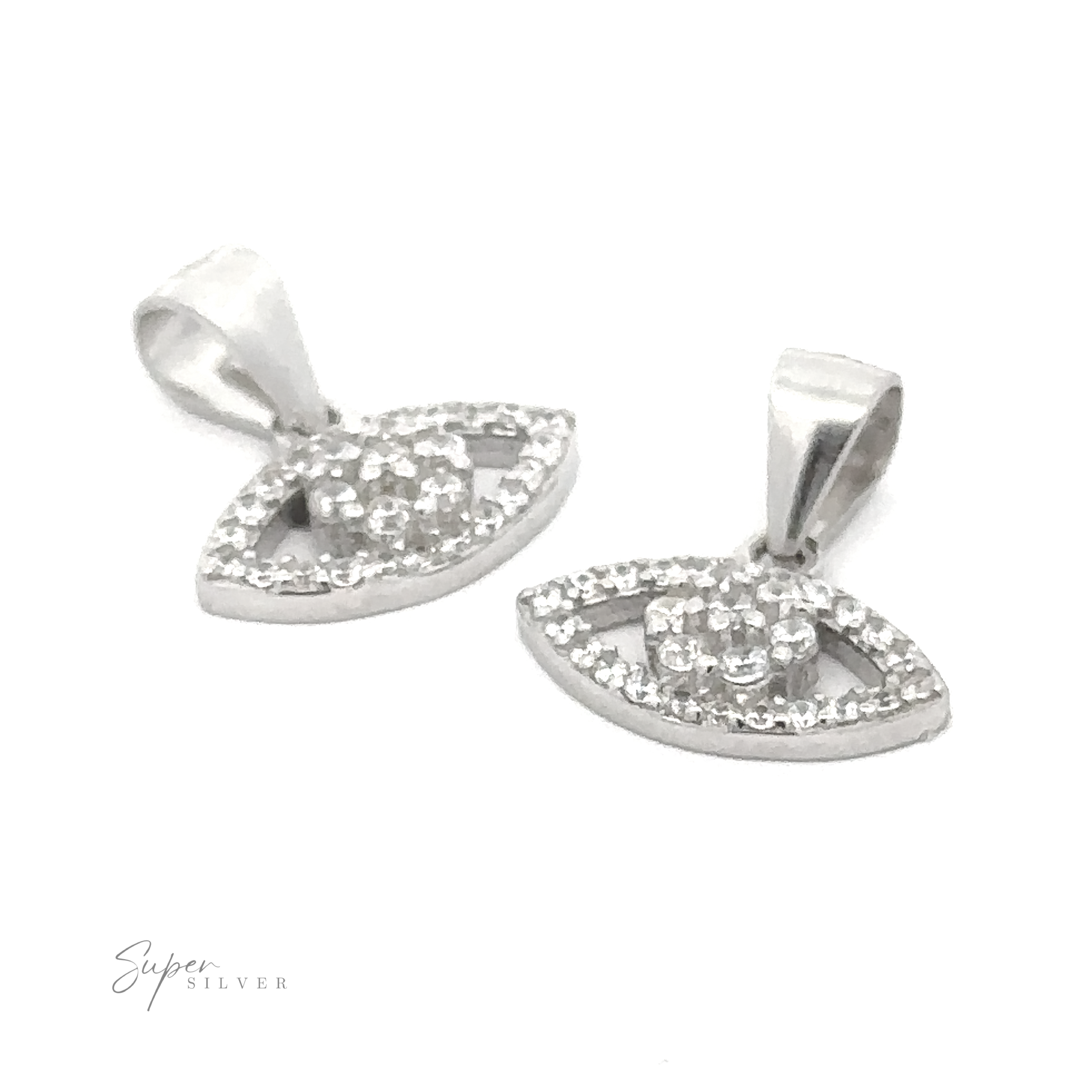 Two Evil-Eye Cubic Zirconia Pendants with a marquise shape and intricate detailing, displayed on a white background. The brand "Super Silver" is visible in the corner.