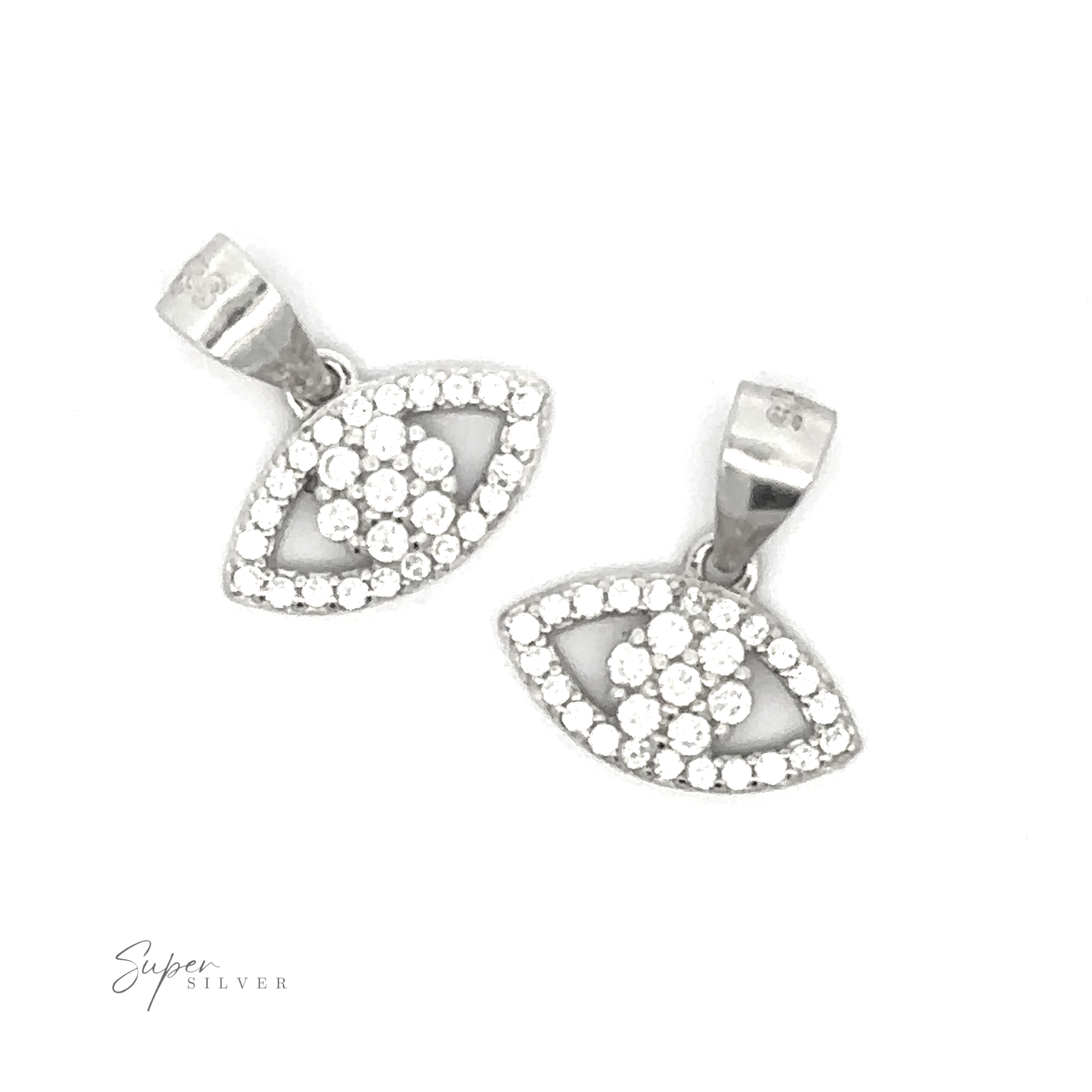 Two Evil-Eye Cubic Zirconia Pendants shaped like eyes, each encrusted with small cubic zirconia gemstones forming a floral pattern in the center. "Super Silver" is written in the bottom left corner.