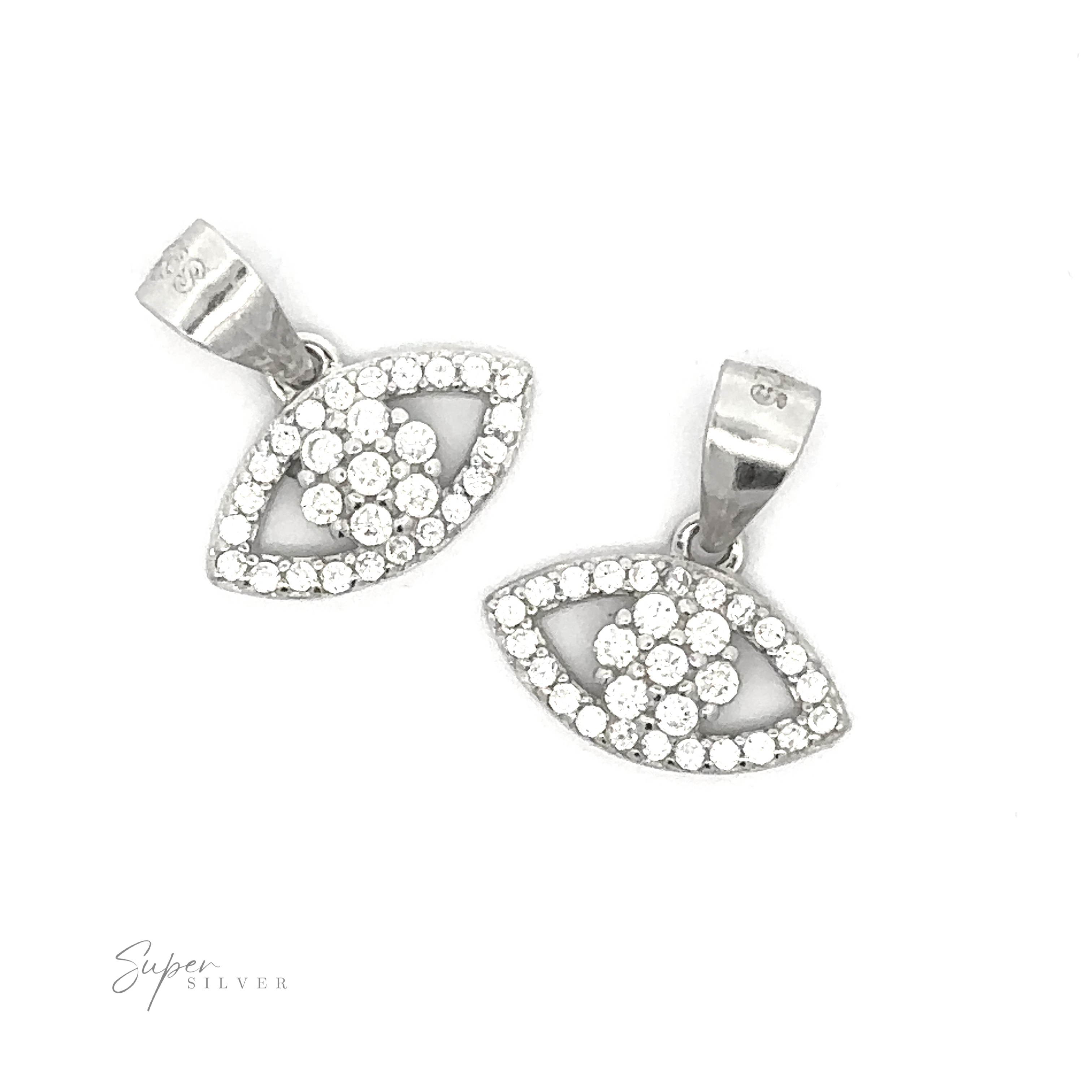 Two silver earrings shaped like eyes, encrusted with circular cubic zirconia stones, are displayed on a white background. The logo "Evil-Eye Cubic Zirconia Pendant" is at the bottom left.