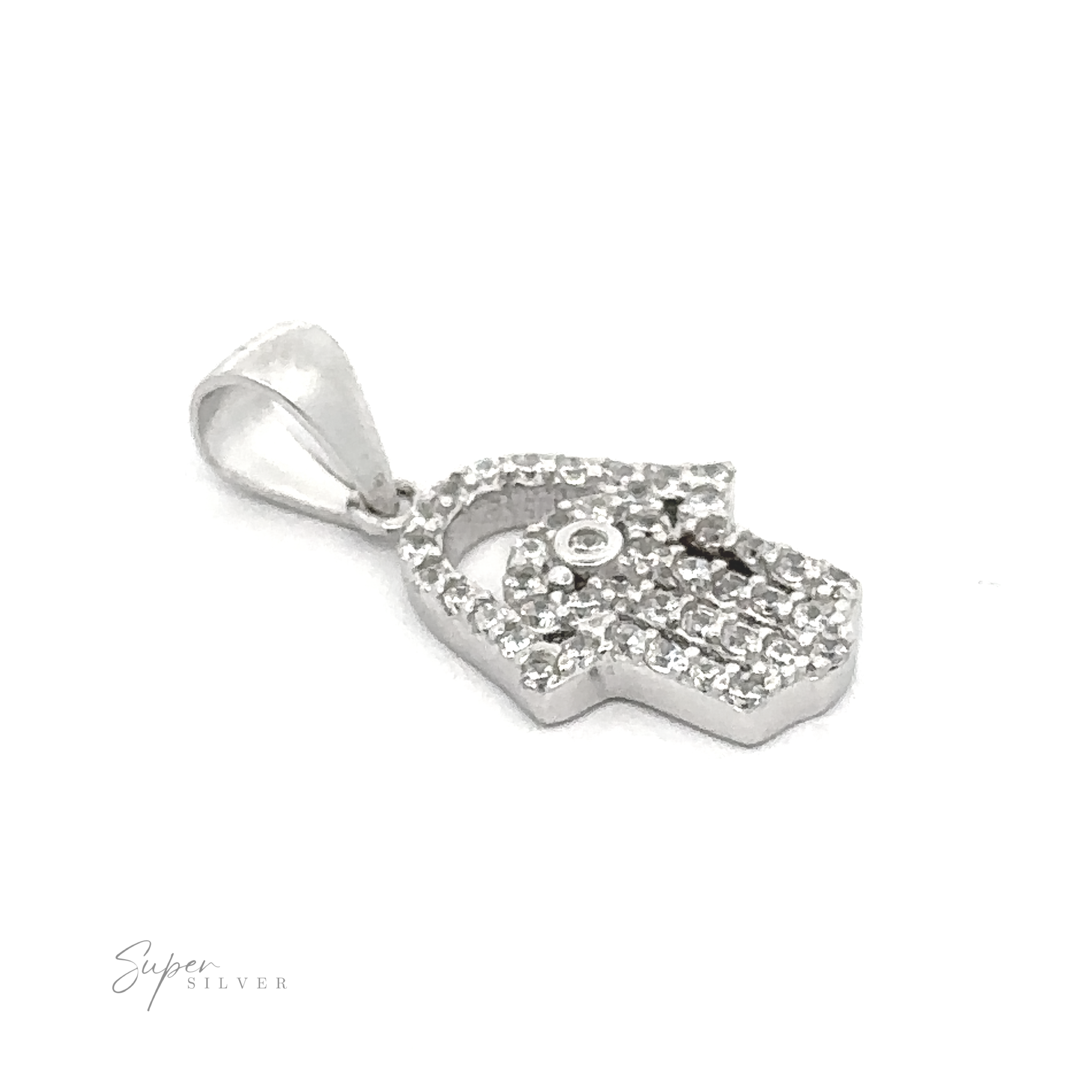 Small Cubic Zirconia Hamsa Pendant with embedded clear cubic zirconia gemstones, set against a plain white background. The letters "Super Silver" are visible in the bottom left corner.