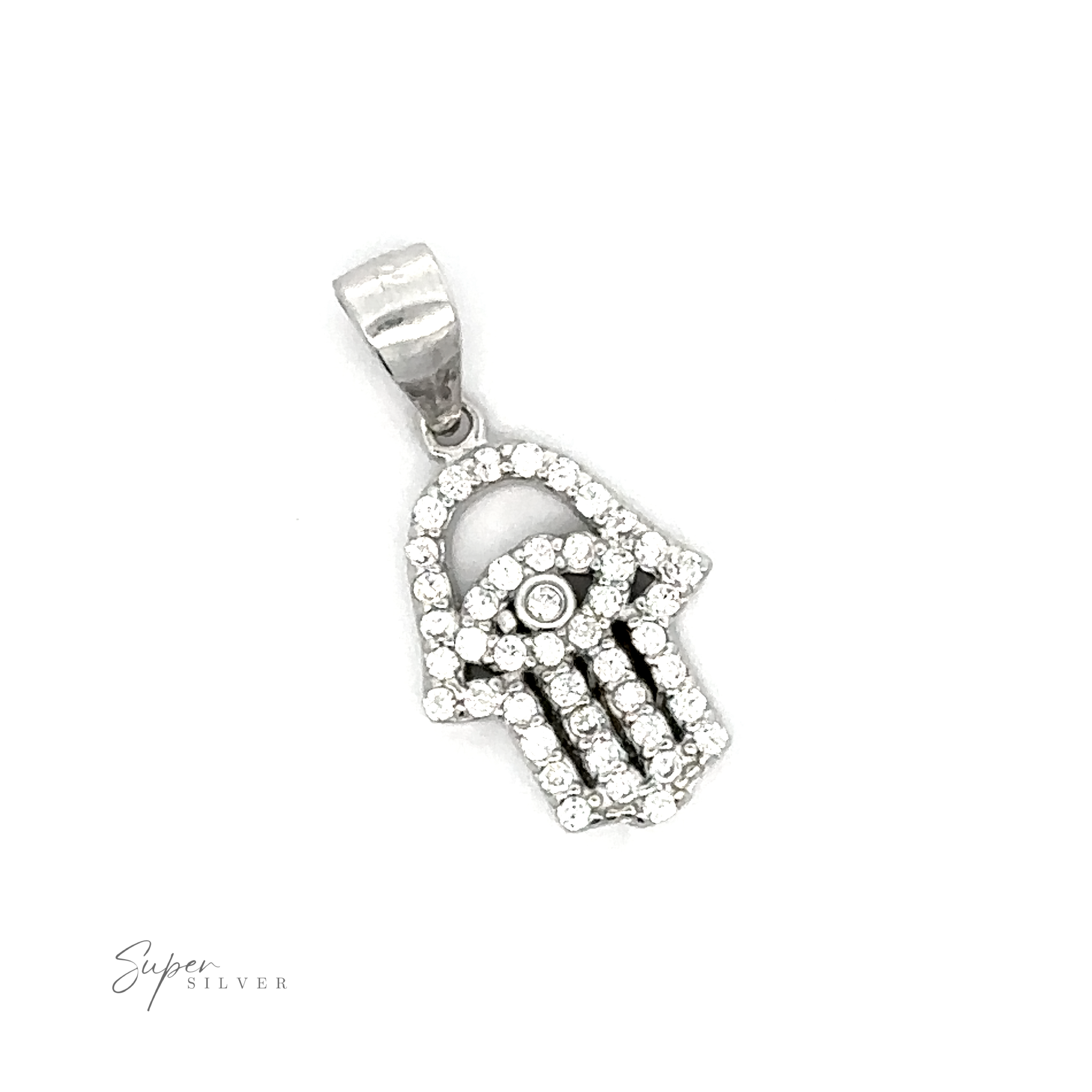 A Small Cubic Zirconia Hamsa Pendant shaped like a hand with an eye in the center, encrusted with small clear stones. Crafted from rhodium plated sterling silver, it features shimmering cubic zirconia for added elegance.