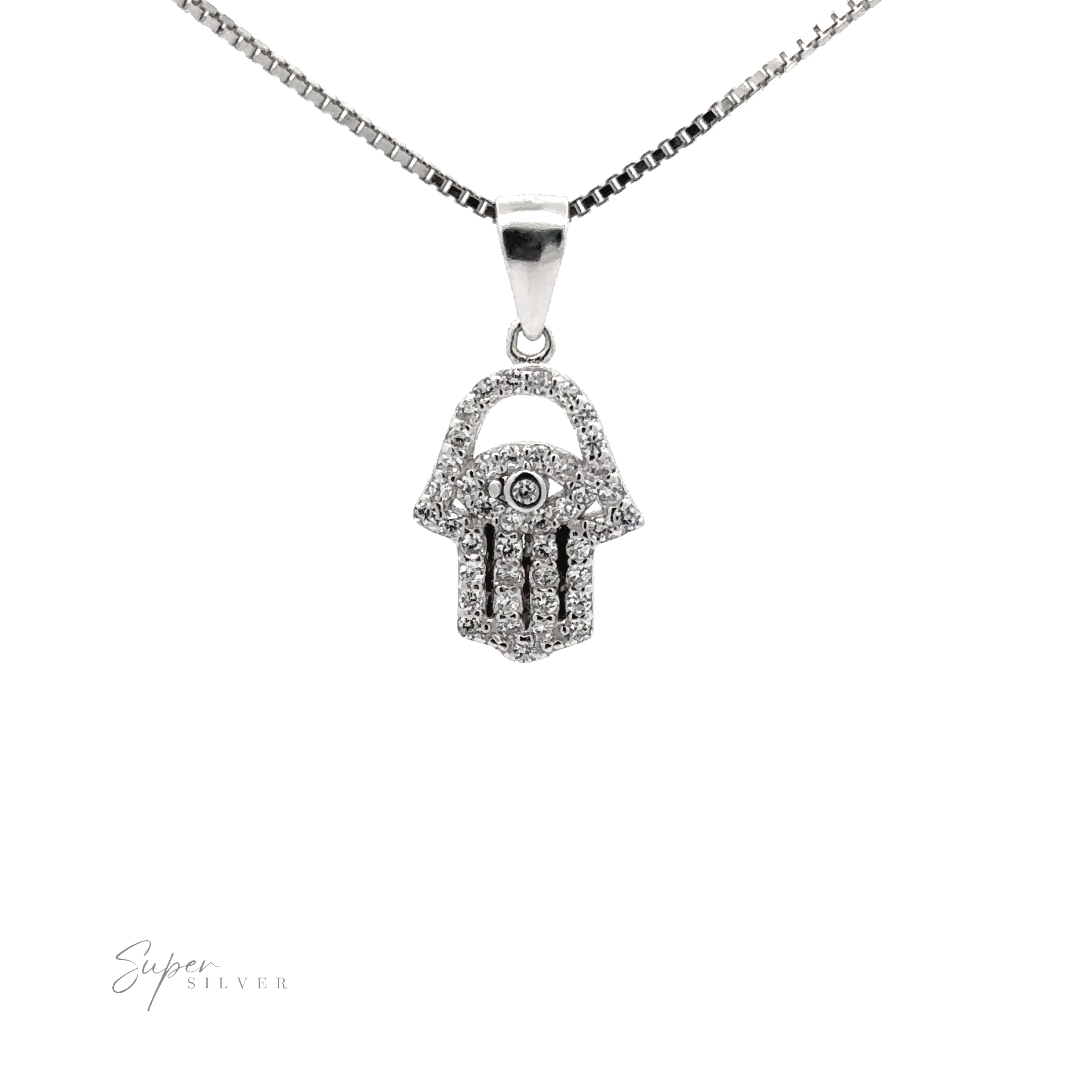 A rhodium plated sterling silver necklace featuring a Small Cubic Zirconia Hamsa Pendant, shaped like a stylized hand with an eye in the center, adorned with small clear cubic zirconia stones.