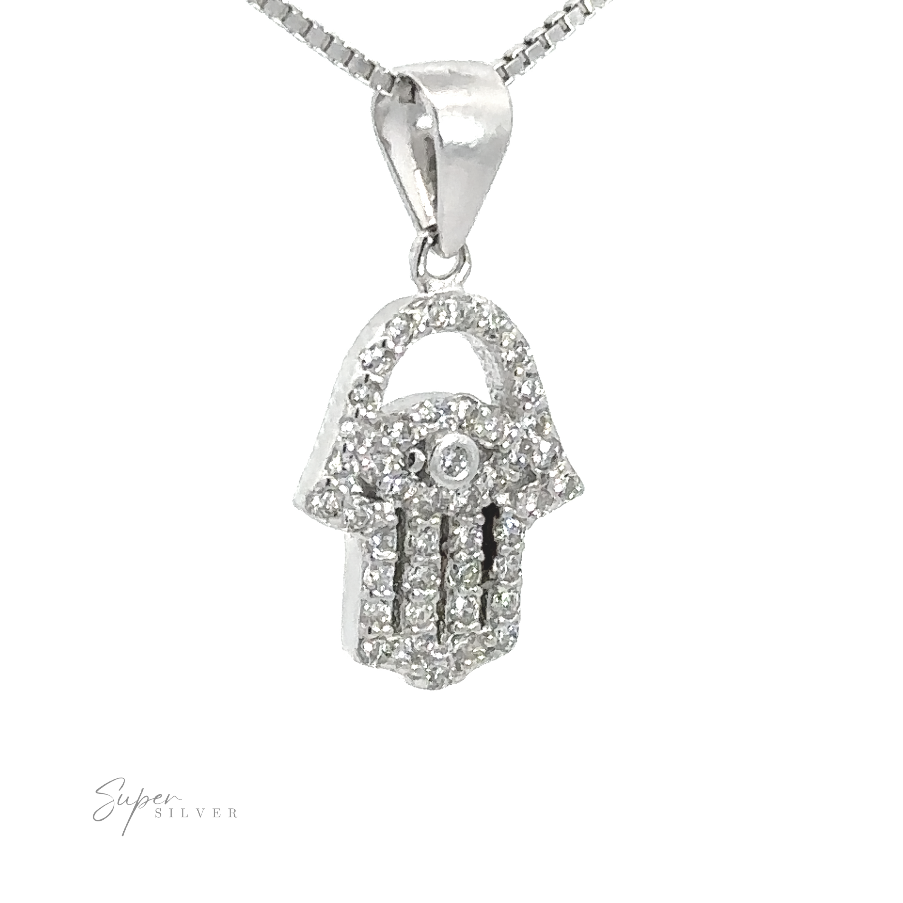 Close-up of a Small Cubic Zirconia Hamsa Pendant encrusted with small cubic zirconia, hanging from a rhodium plated sterling silver chain. The pendant features a hand design with fingers pointing downwards.