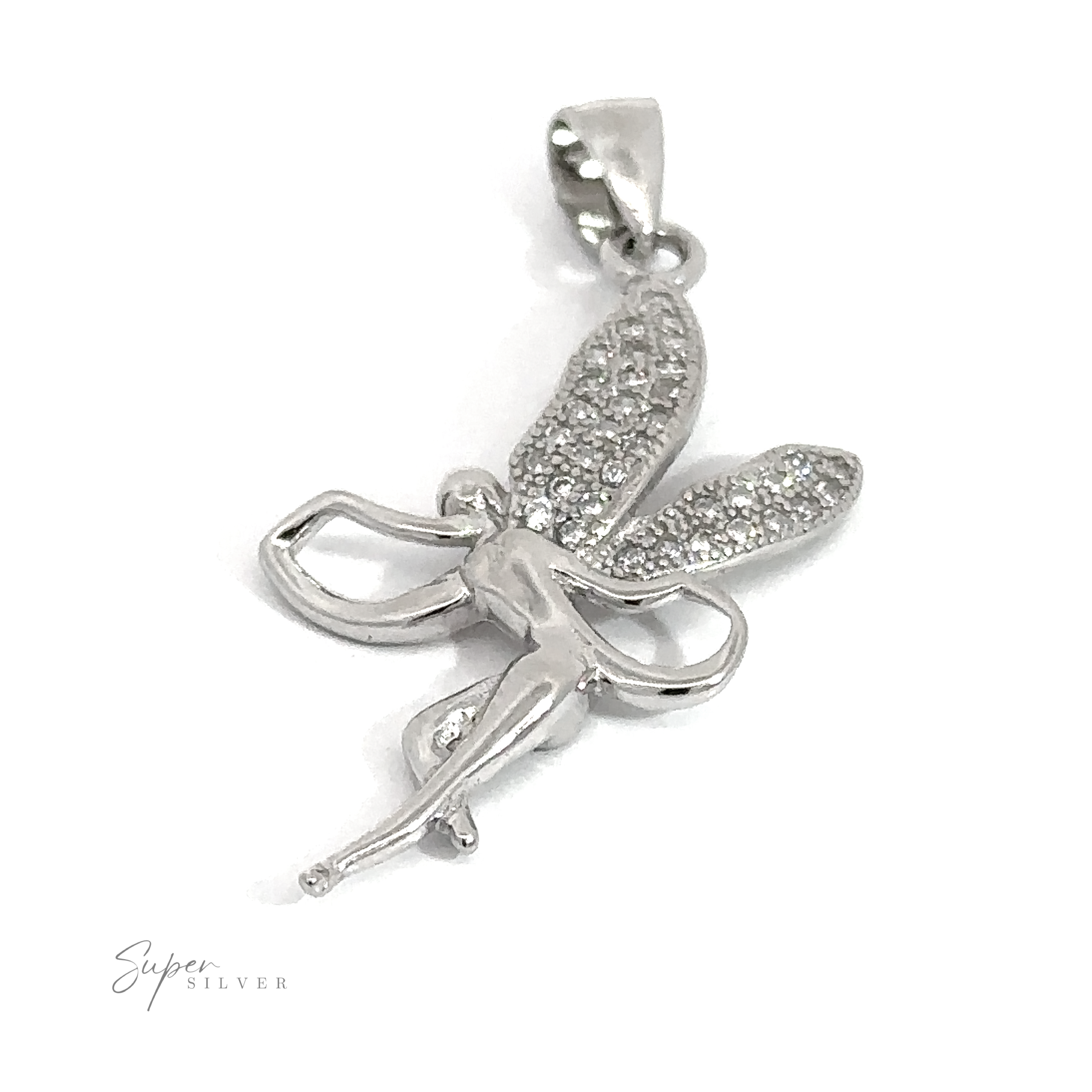 This **Enchanting Fairy Pendant With Cubic Zirconia Wings** is crafted in a beautiful silver design, with wings encrusted with small cubic zirconia crystals. It has a rhodium finish and a loop at the top for easy attachment to your favorite chain.