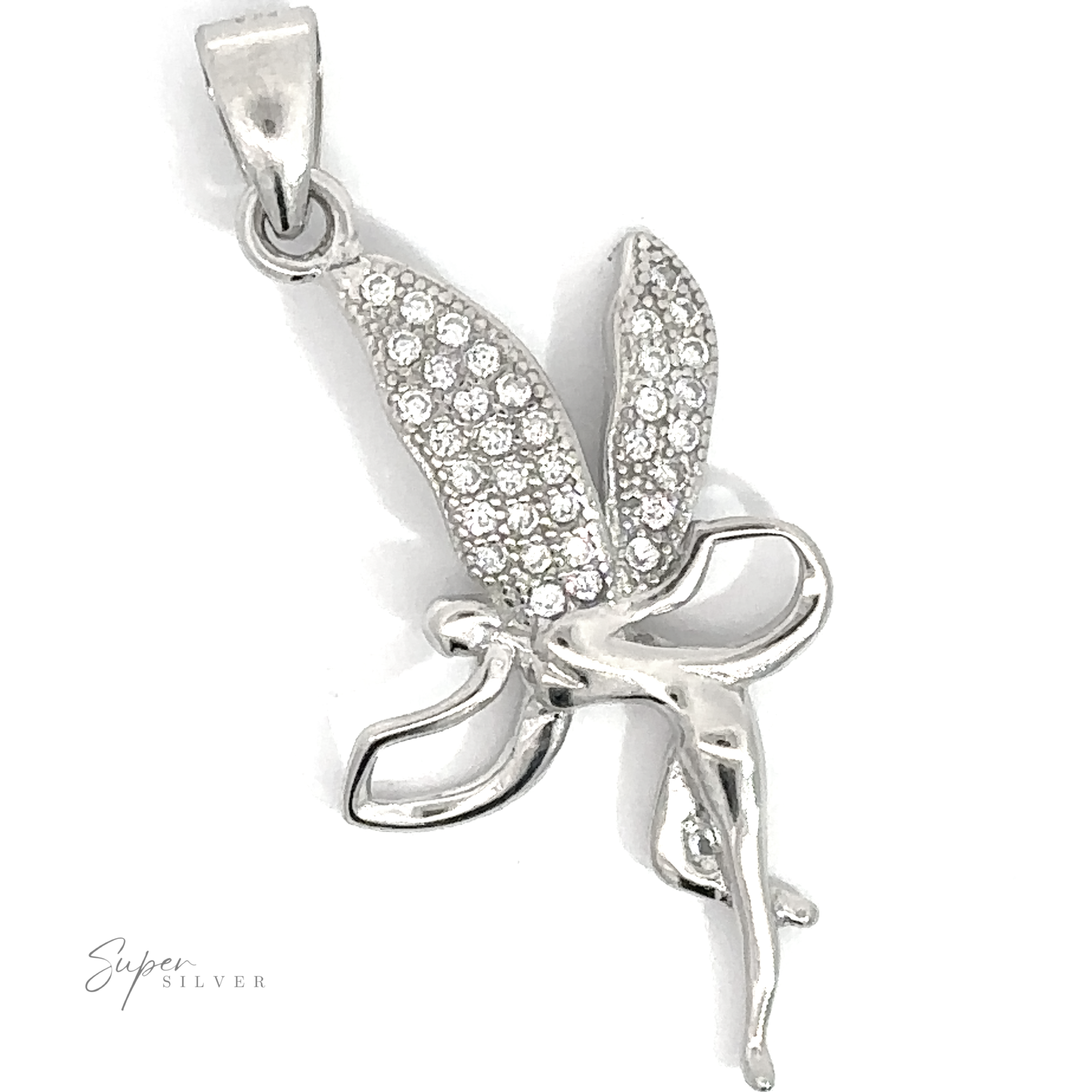 Enchanting Fairy Pendant With Cubic Zirconia Wings: This silver fairy pendant with outstretched wings, encrusted with cubic zirconia crystals, features a loop for a necklace chain and a lustrous rhodium finish.