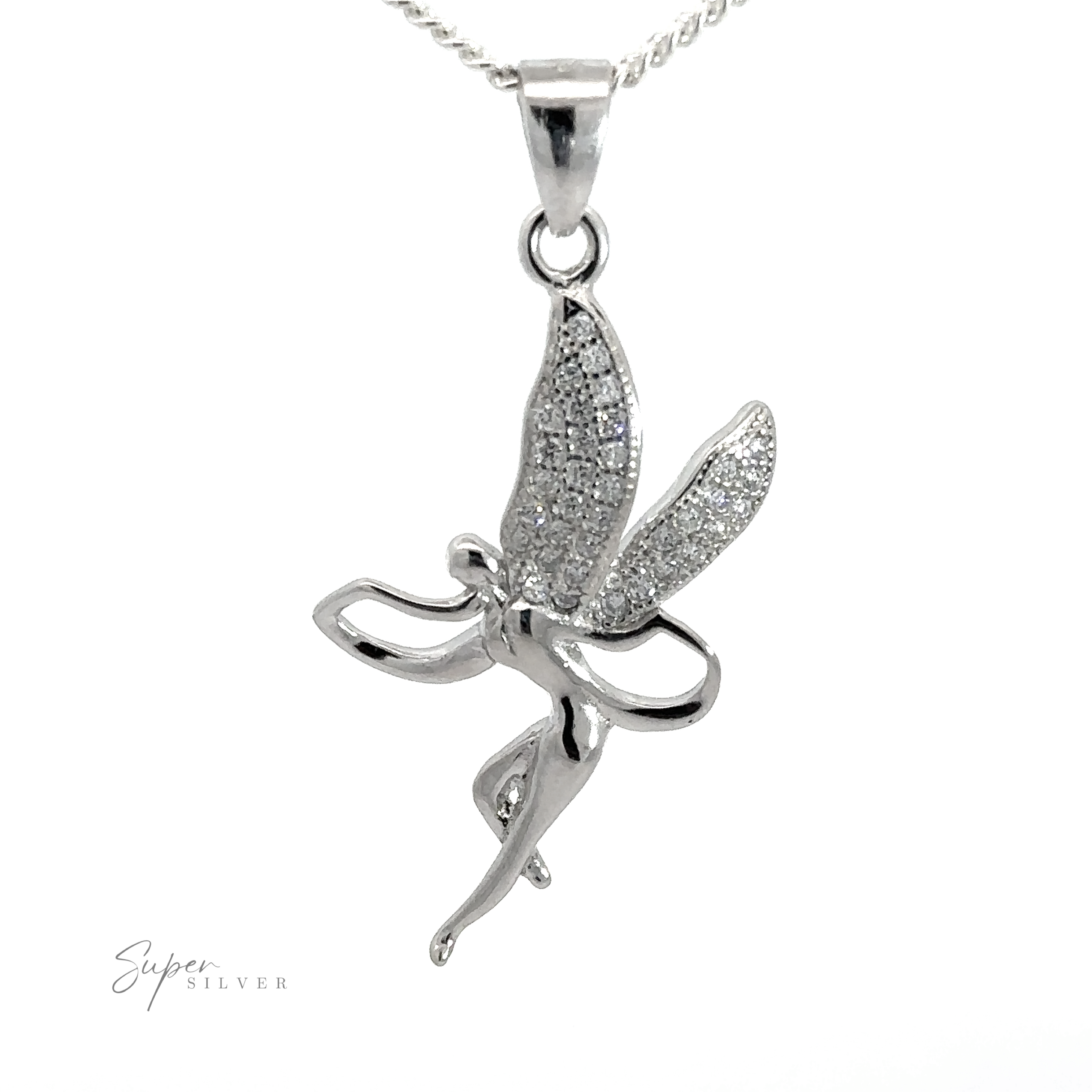 An **Enchanting Fairy Pendant With Cubic Zirconia Wings**, adorned with cubic zirconia, attached to a silver chain boasting a rhodium finish.