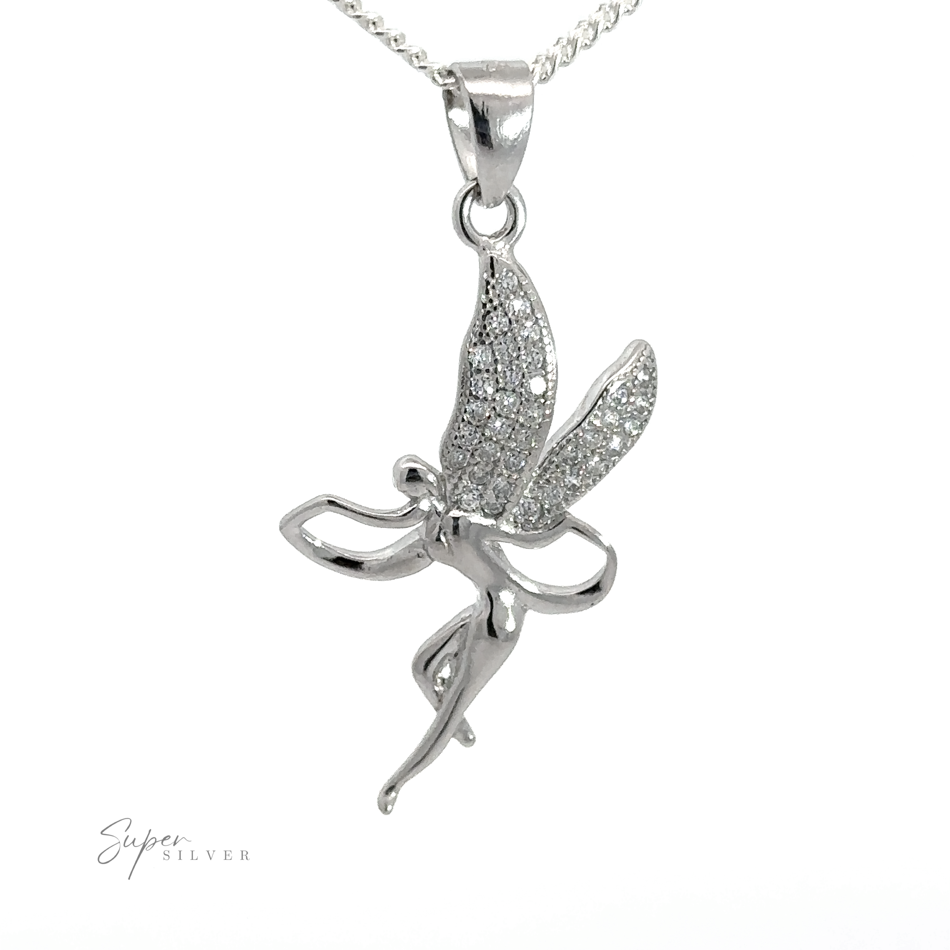 A silver necklace with an Enchanting Fairy Pendant With Cubic Zirconia Wings, featuring a delicate, winged figure encrusted with small cubic zirconia. The rhodium finish adds a touch of elegance to this magical piece.
