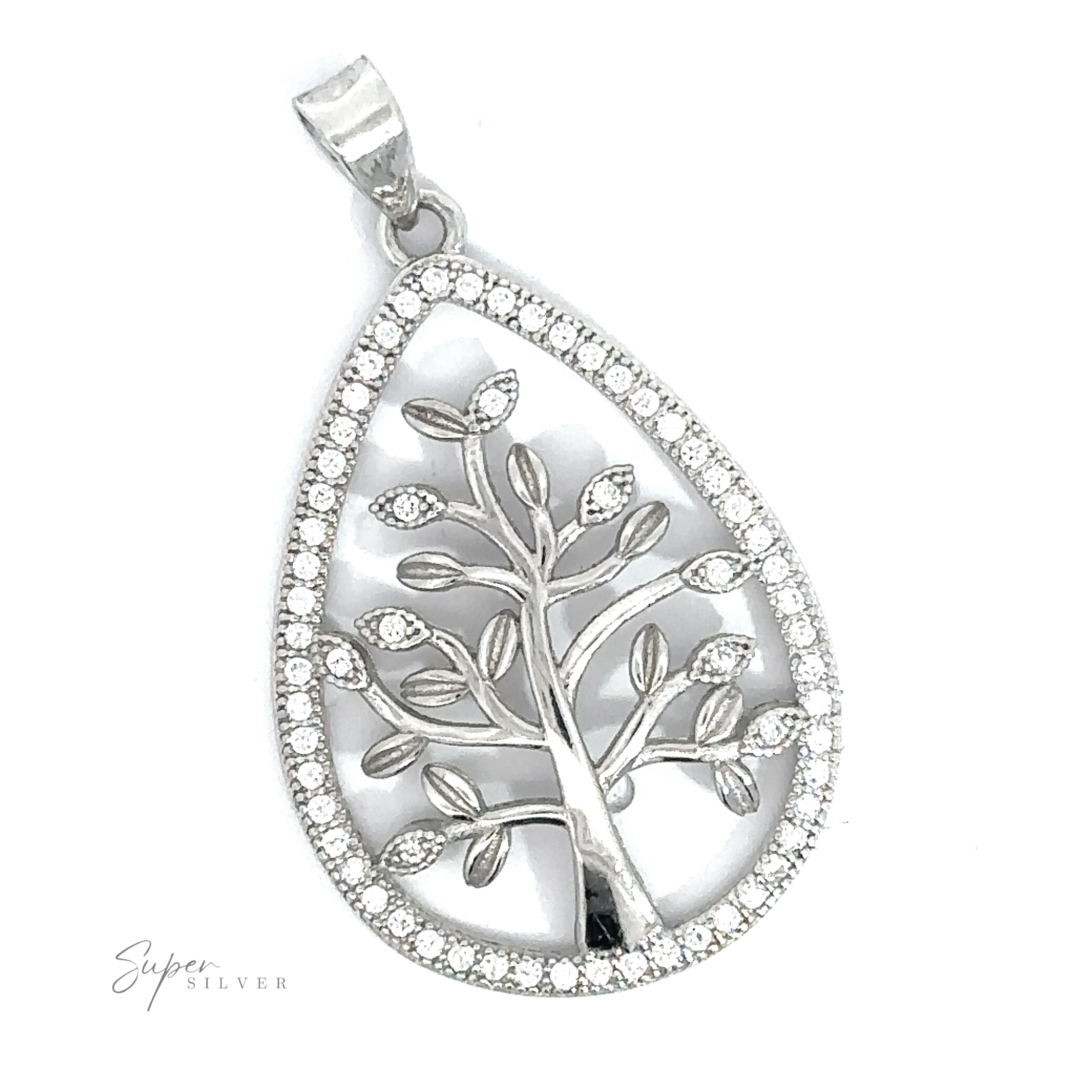 A stunning teardrop-shaped Sterling Silver pendant featuring a Tree of Life design with small leaves, meticulously outlined by a border of sparkling Cubic Zirconia stones, called the Brilliant CZ Tree of Life Pendant.