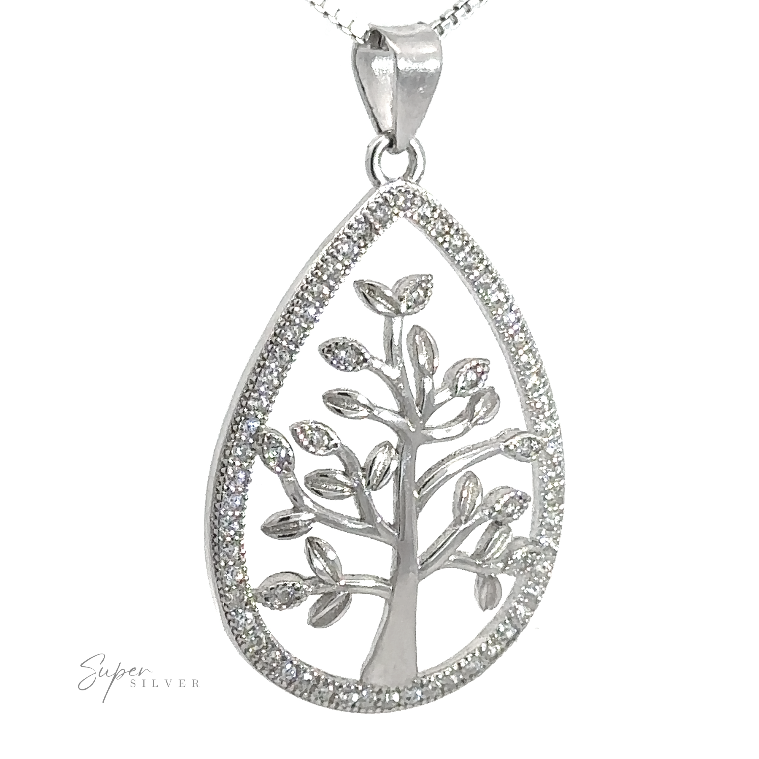 A teardrop-shaped sterling silver Brilliant CZ Tree of Life Pendant featuring an intricate tree design with small leaves, framed by a border of sparkling cubic zirconia stones, hangs from a delicate chain.