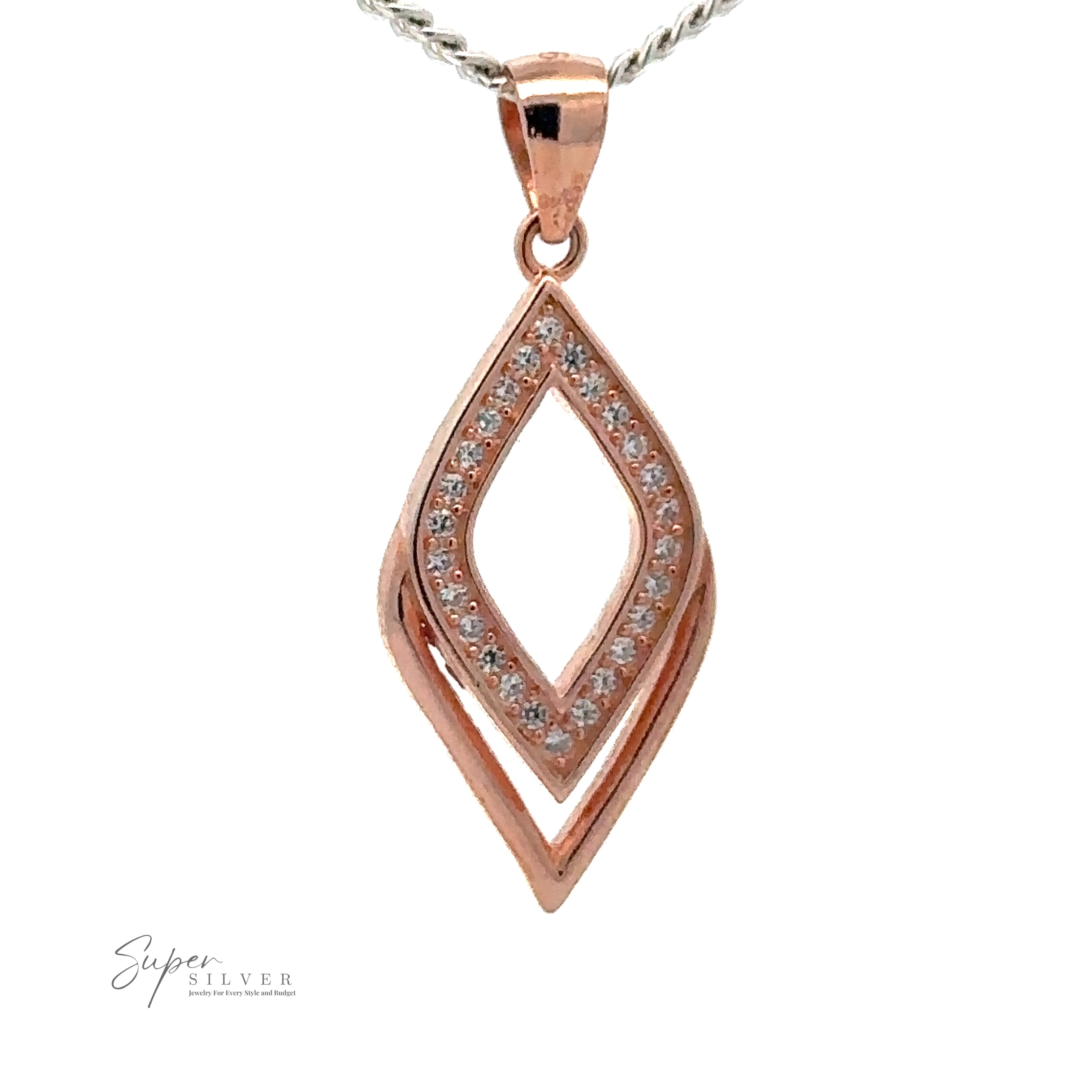 A Cubic Zirconia Leaf Shape Pendant, with a rose gold leaf-shaped design and encrusted geometric details, hanging from a twisted chain. The "Super Silver" brand logo is visible in the bottom left corner.
