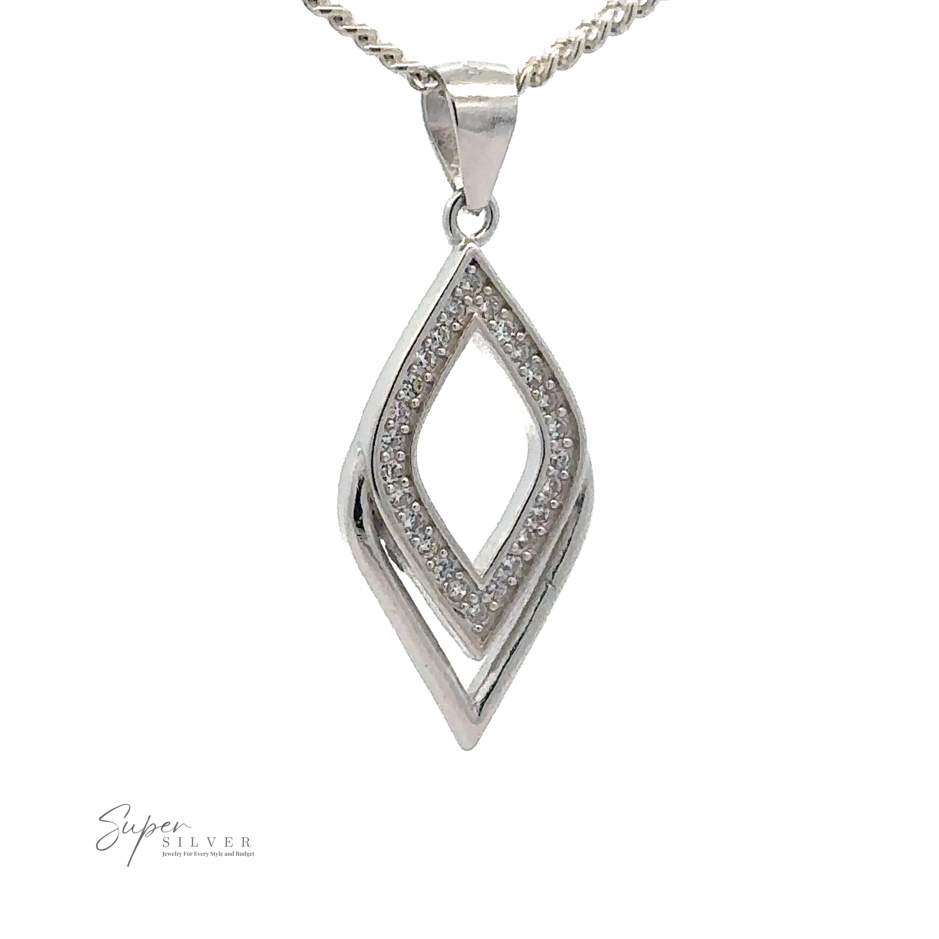 A Cubic Zirconia Leaf Shape Pendant in a double leaf design with one leaf encrusted with small cubic zirconia, hanging from a twisted rope chain. Logo in the bottom left corner reads "Super Silver".