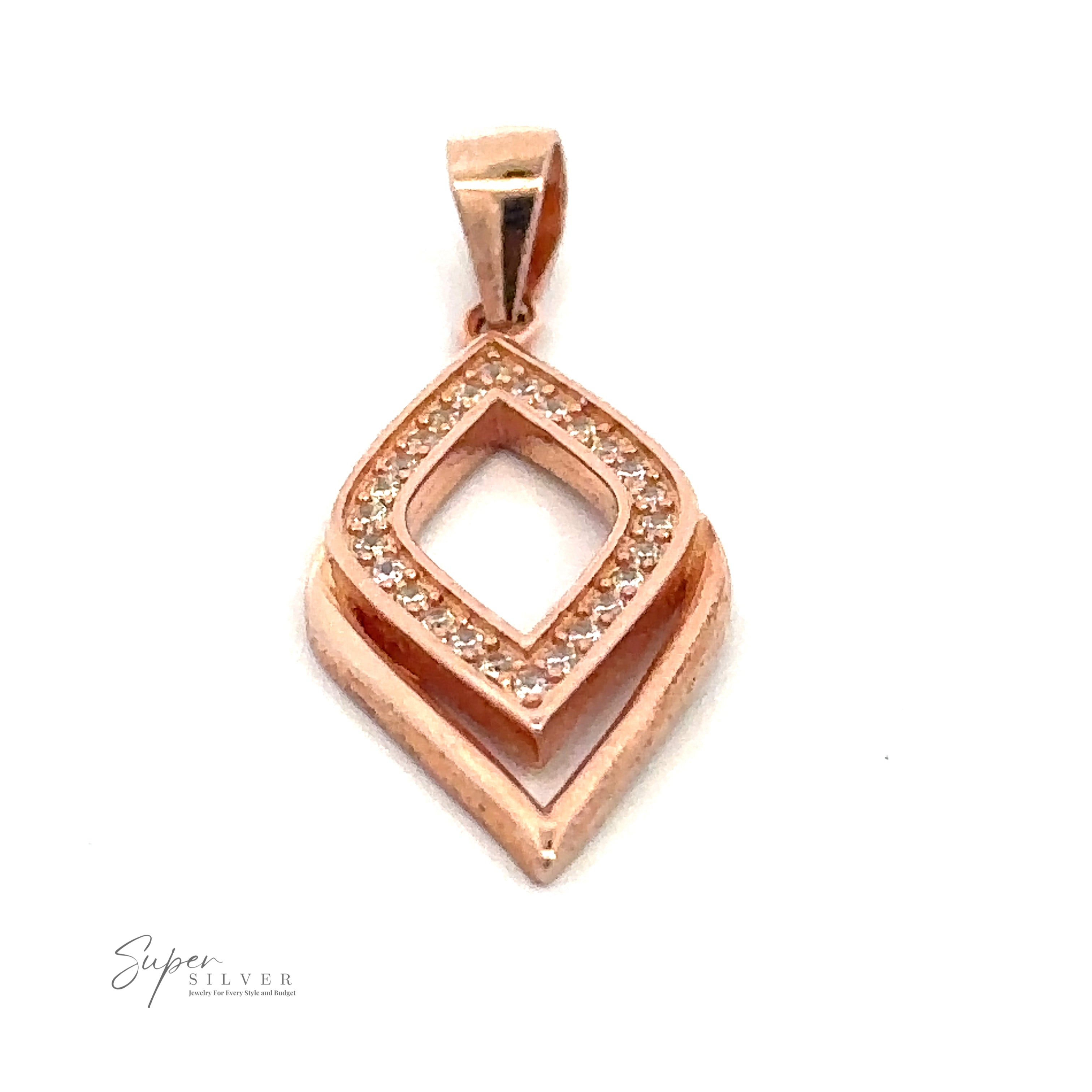 A Cubic Zirconia Leaf Shape Pendant features a layered geometric design with the upper section adorned with small, clear cubic zirconia stones. "Super Silver" is printed at the bottom corner.