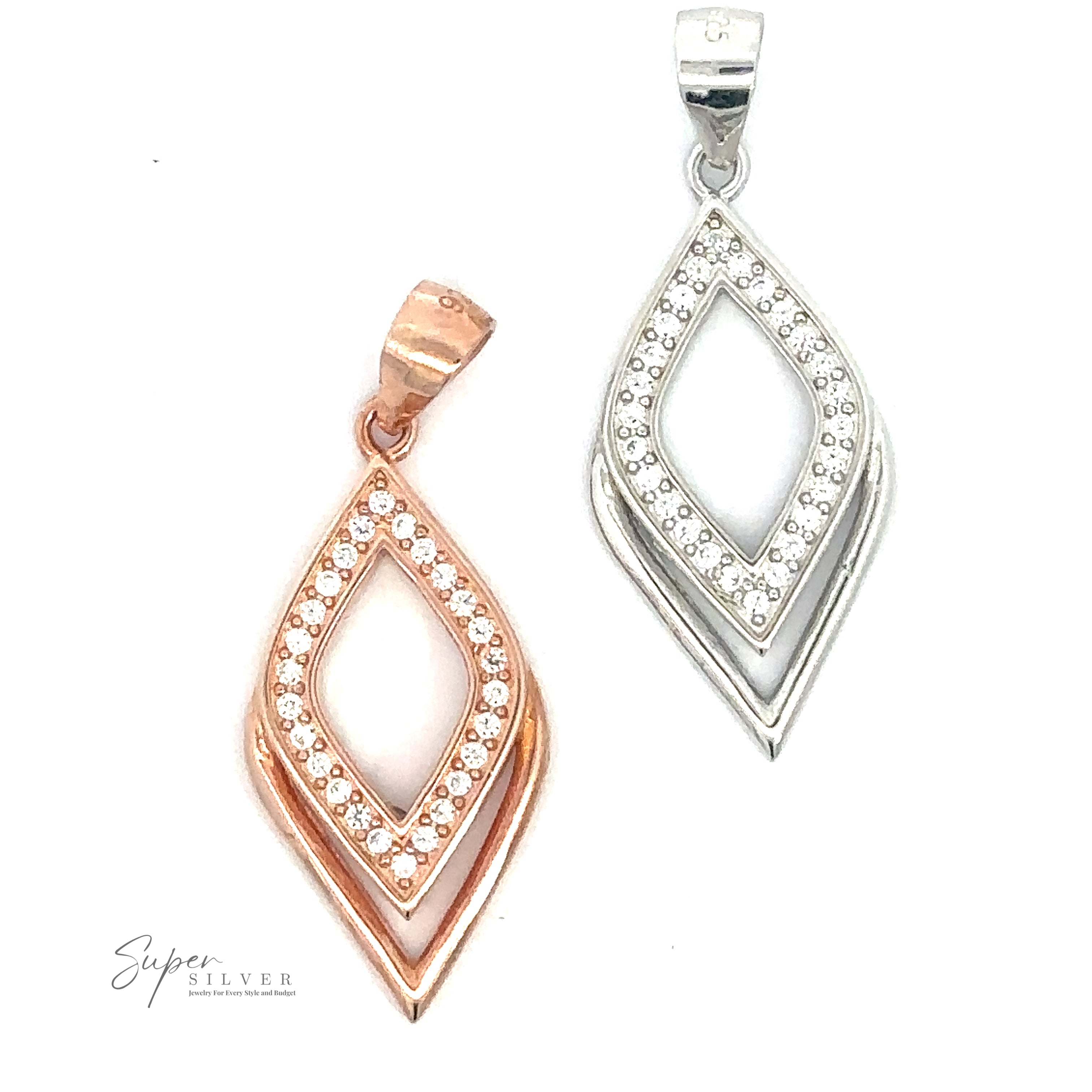 Two Cubic Zirconia Leaf Shape Pendants, one in rose gold and one in sterling silver, with a double-loop design and small embedded cubic zirconia gemstones. The logo "Super Silver" is visible in the bottom left corner.