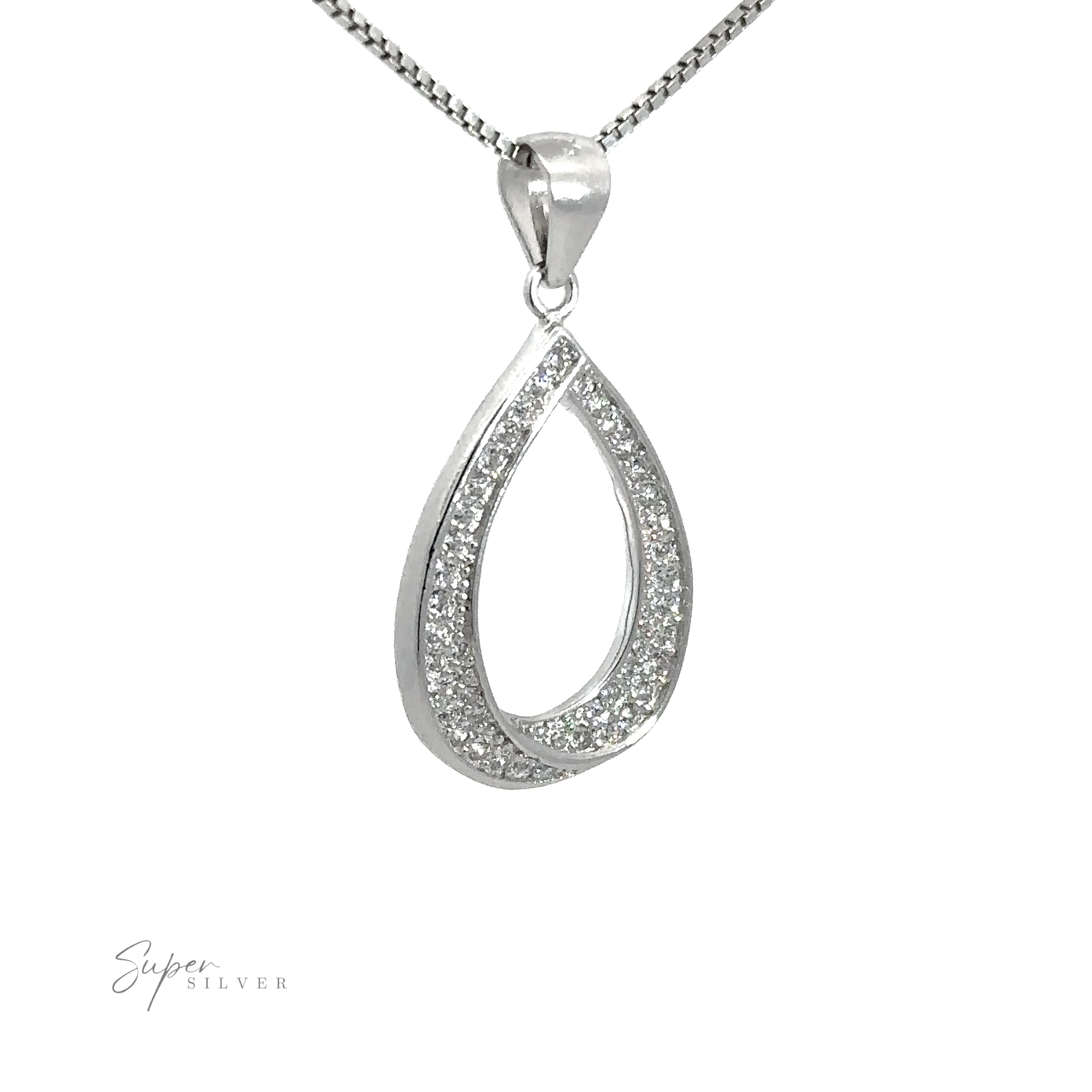 Teardrop Shape Cubic Zirconia Pendant with a sparkling, crystal-studded inner edge on a rhodium-plated sterling silver chain.