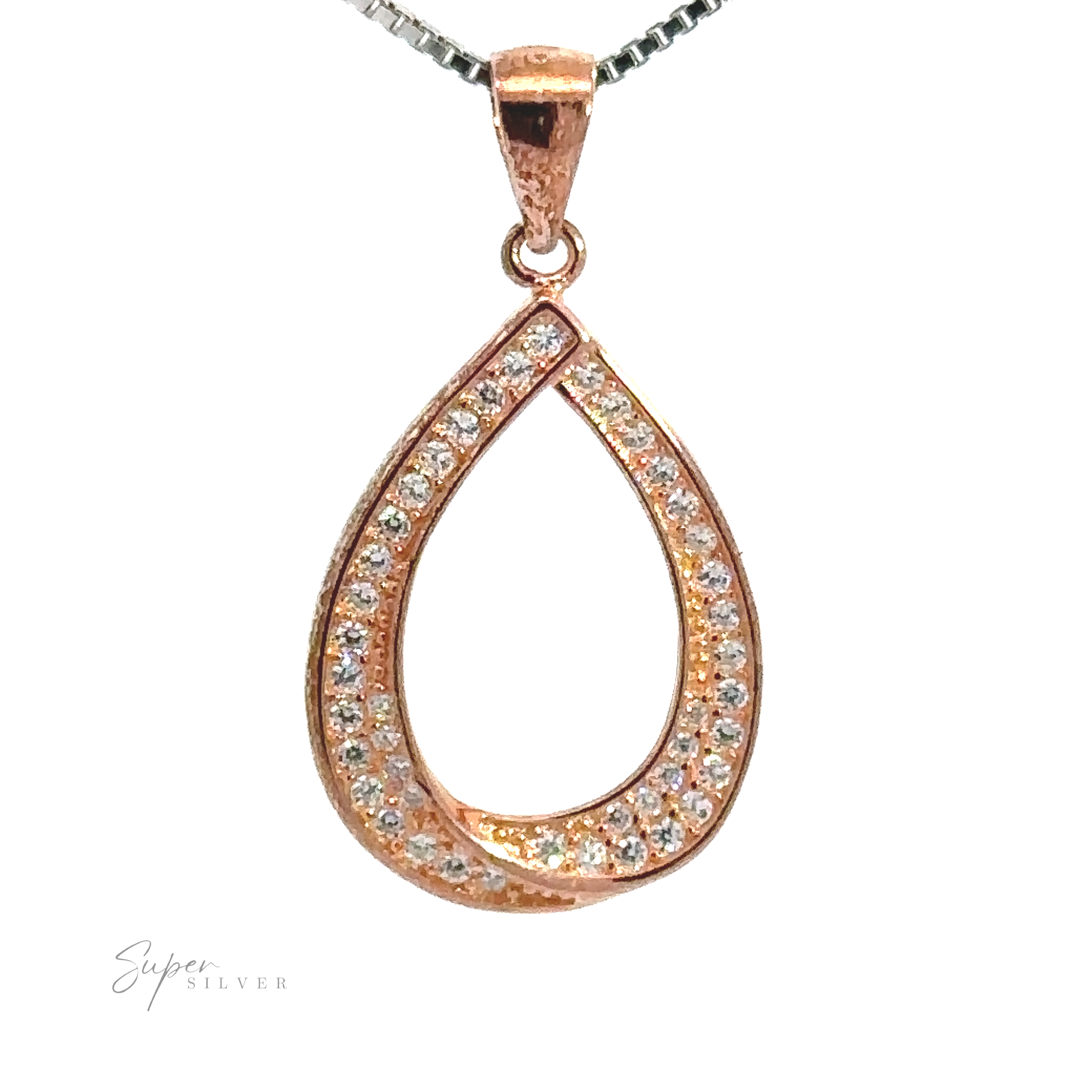 A stunning Teardrop Shape Cubic Zirconia Pendant, encrusted with small clear stones, hangs gracefully from a Sterling Silver chain. The background is white.