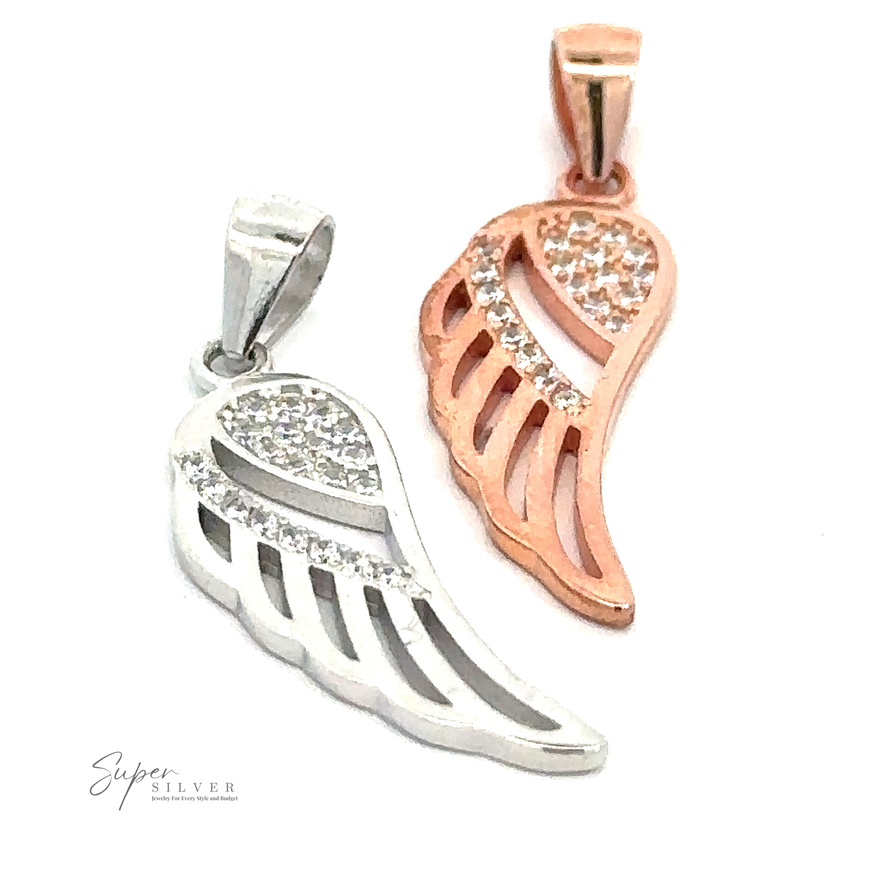 Two Cubic Zirconia Feather Shaped Pendants, one in sterling silver and the other in rose gold, both embellished with small cubic zirconia crystals. The pendants are displayed side-by-side.