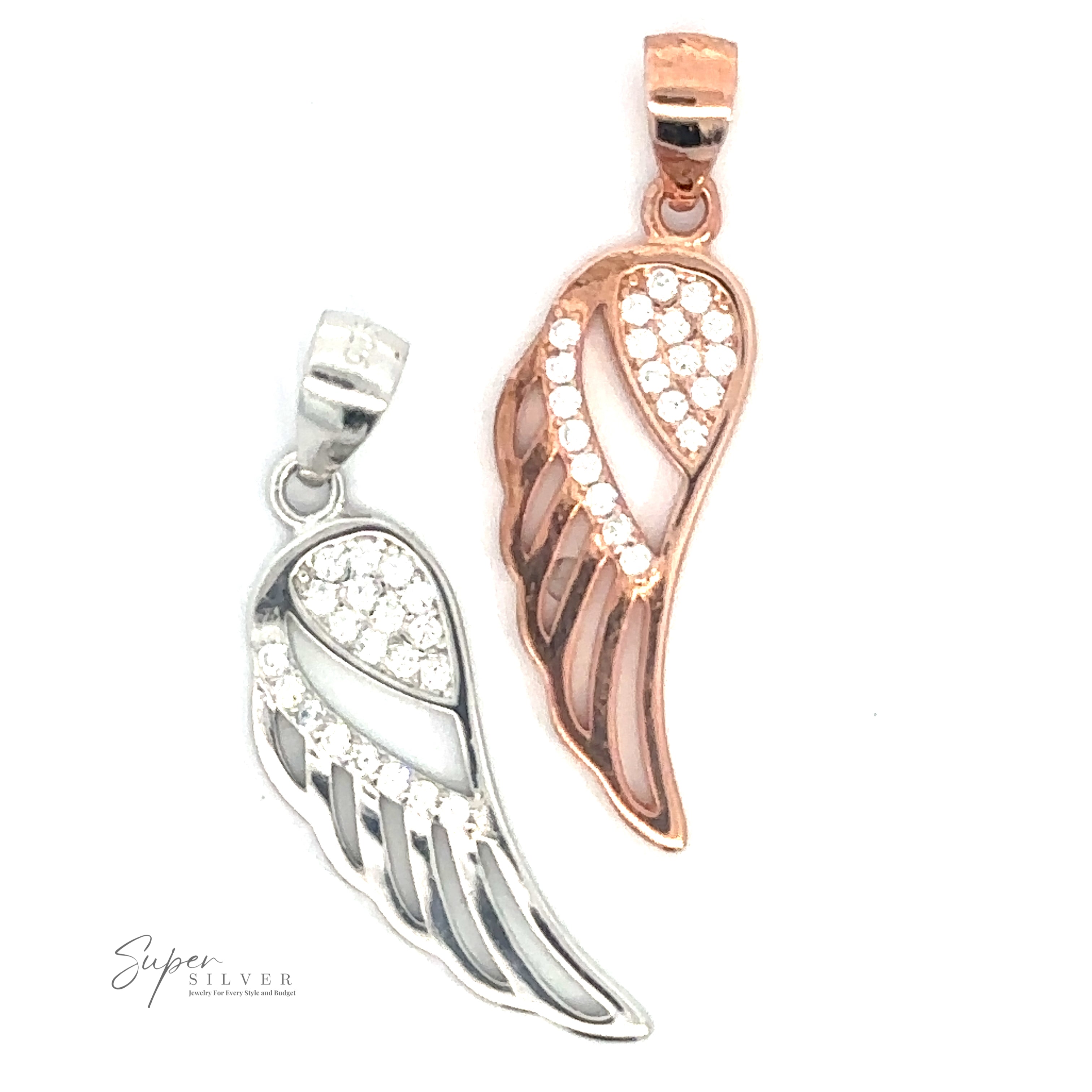 Two Cubic Zirconia Feather Shaped Pendants, one sterling silver with cubic zirconia and one rose gold with crystals, are displayed side by side. The pendants feature decorative cutouts and a loop at the top for hanging.