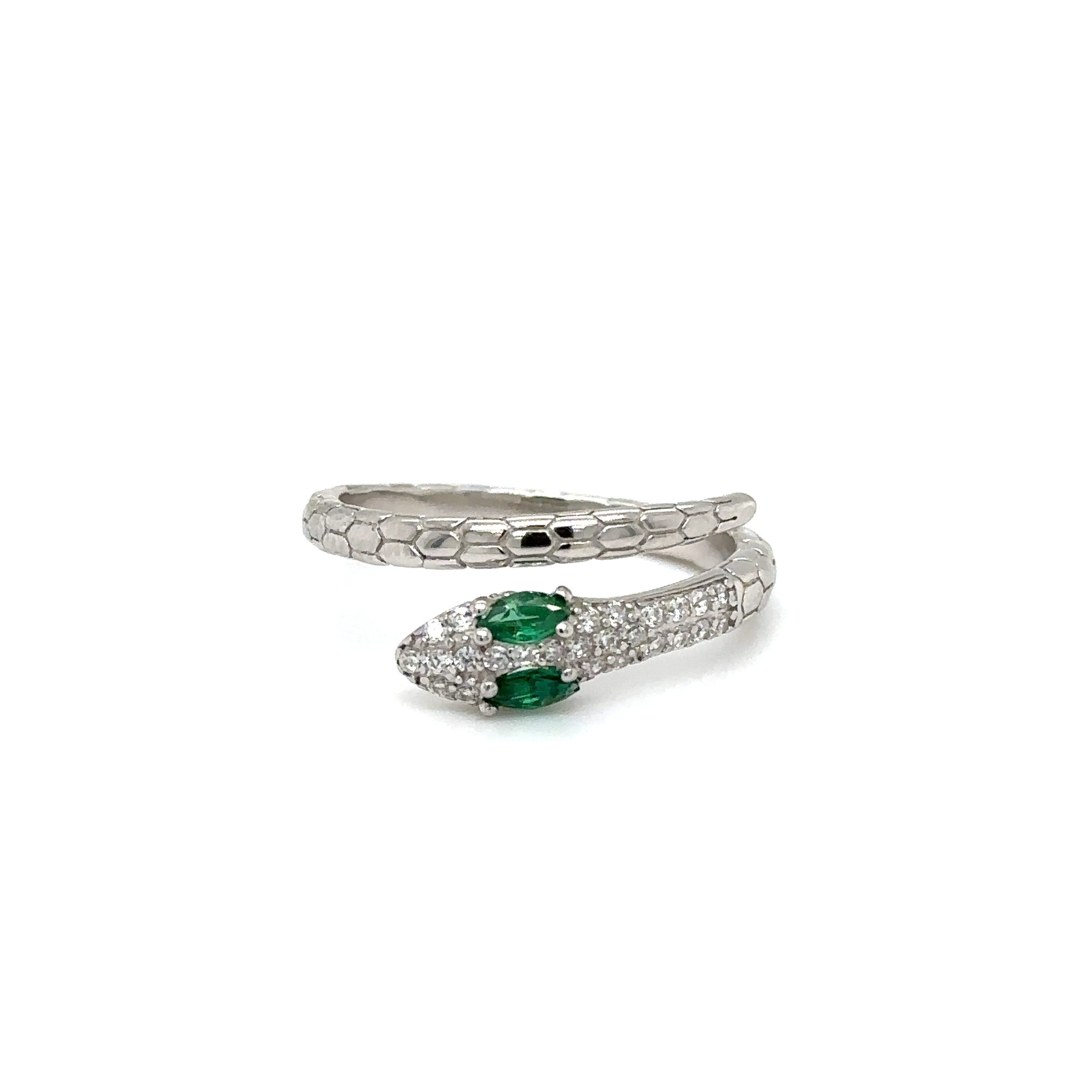 A stunning adjustable Cubic Zirconia snake ring featuring exquisite emerald eyes.