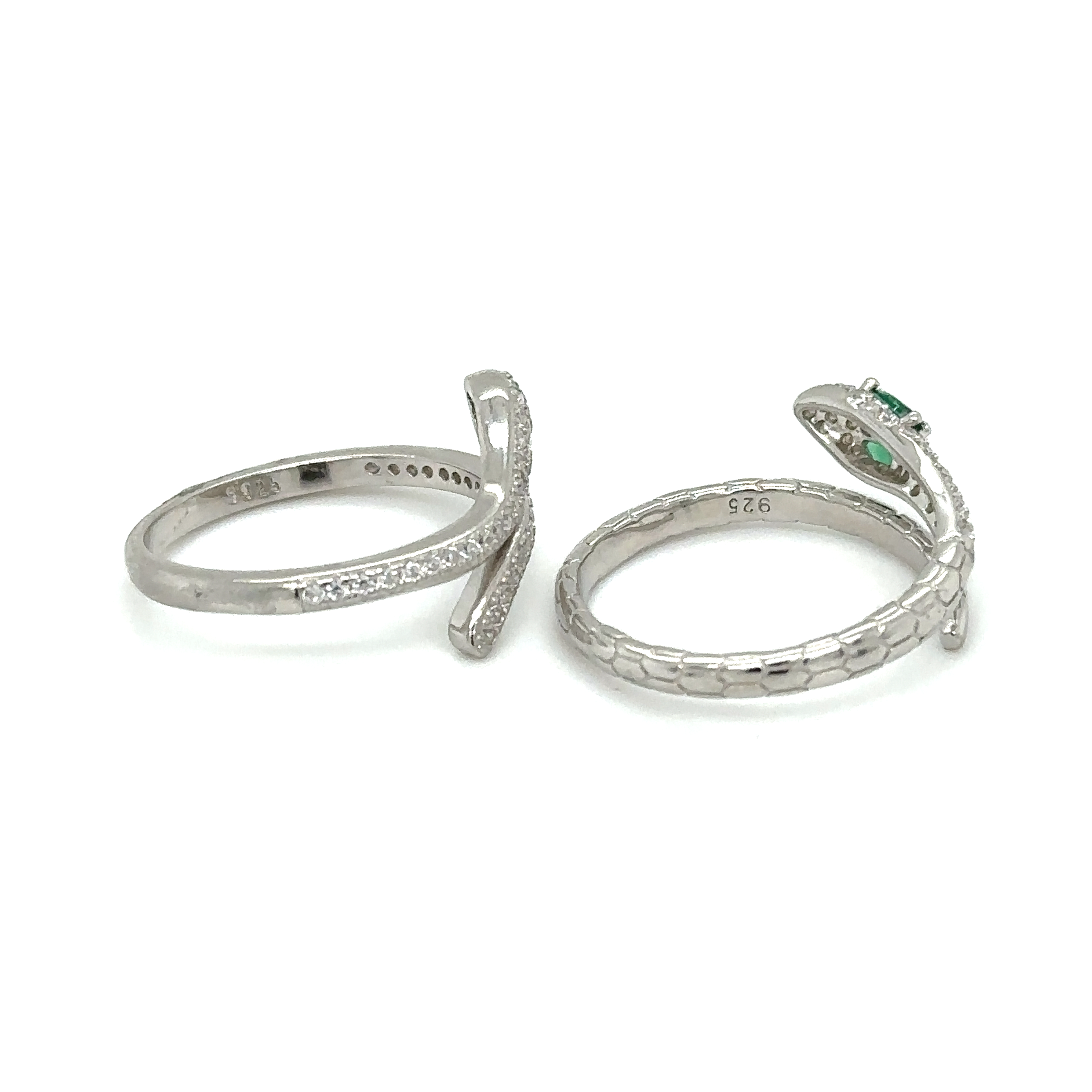 Two adjustable cubic zirconia snake rings on a white background.