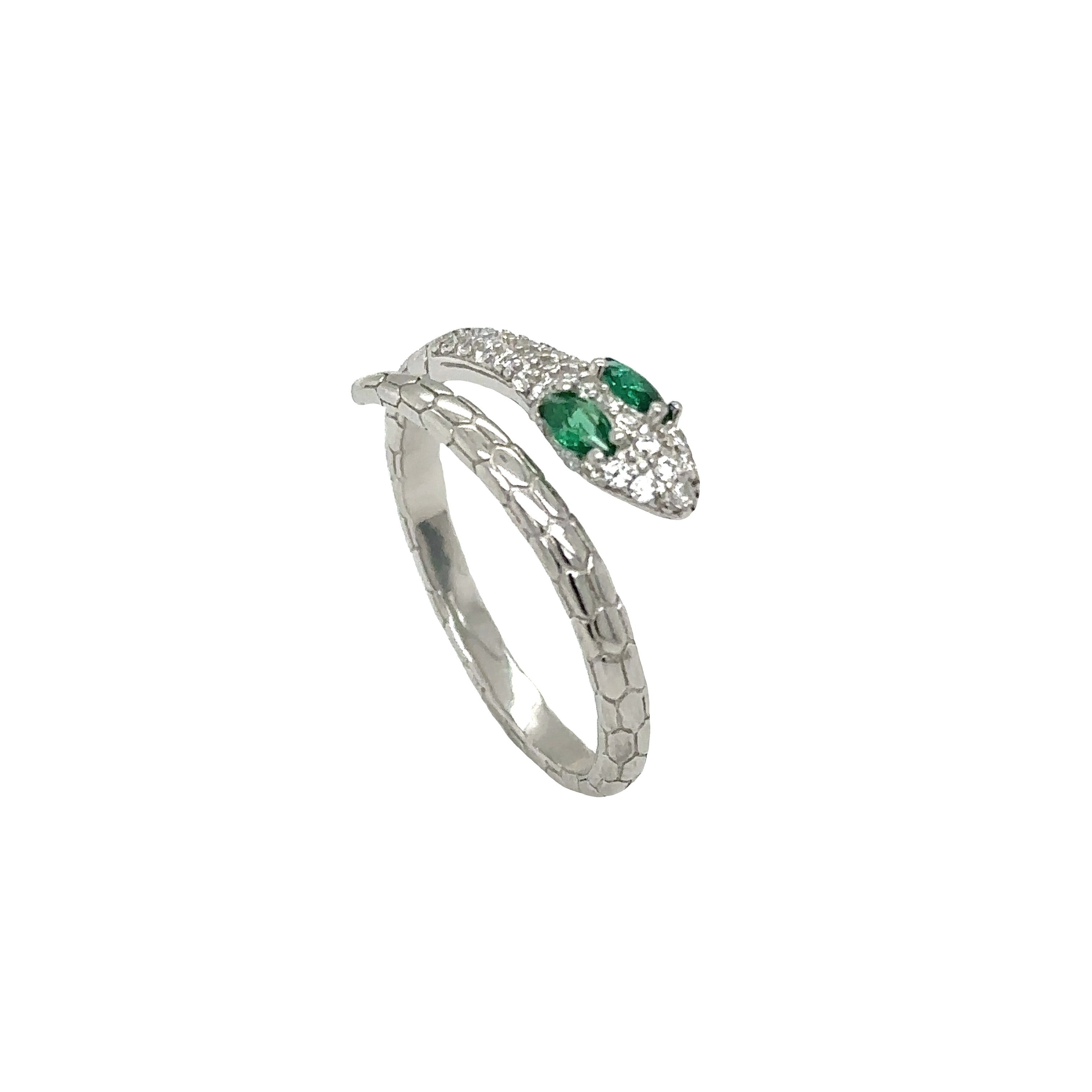 An Adjustable Cubic Zirconia Snake Ring adorned with emerald stones and crafted from sterling silver.