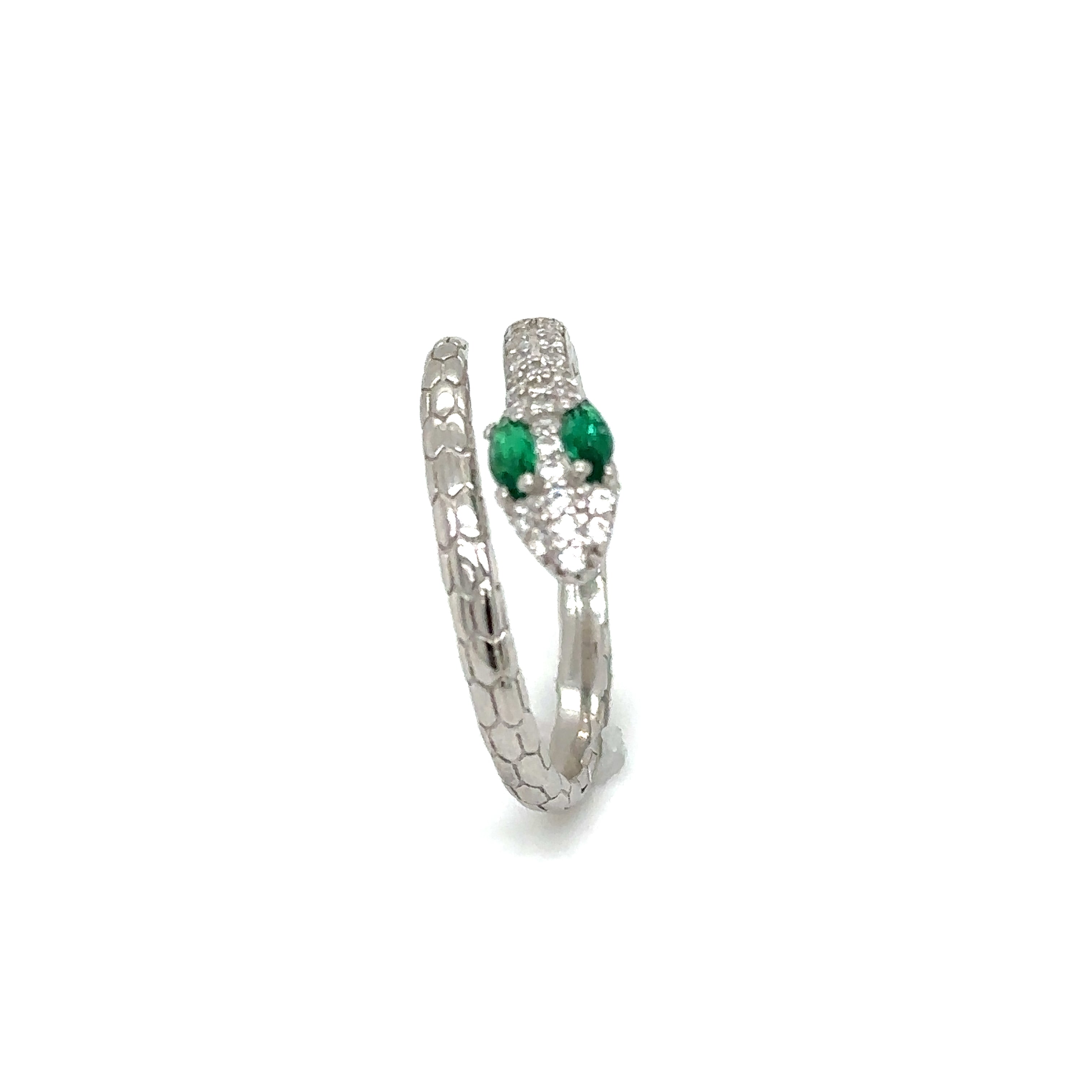 An Adjustable Cubic Zirconia Snake Ring adorned with emerald stones.