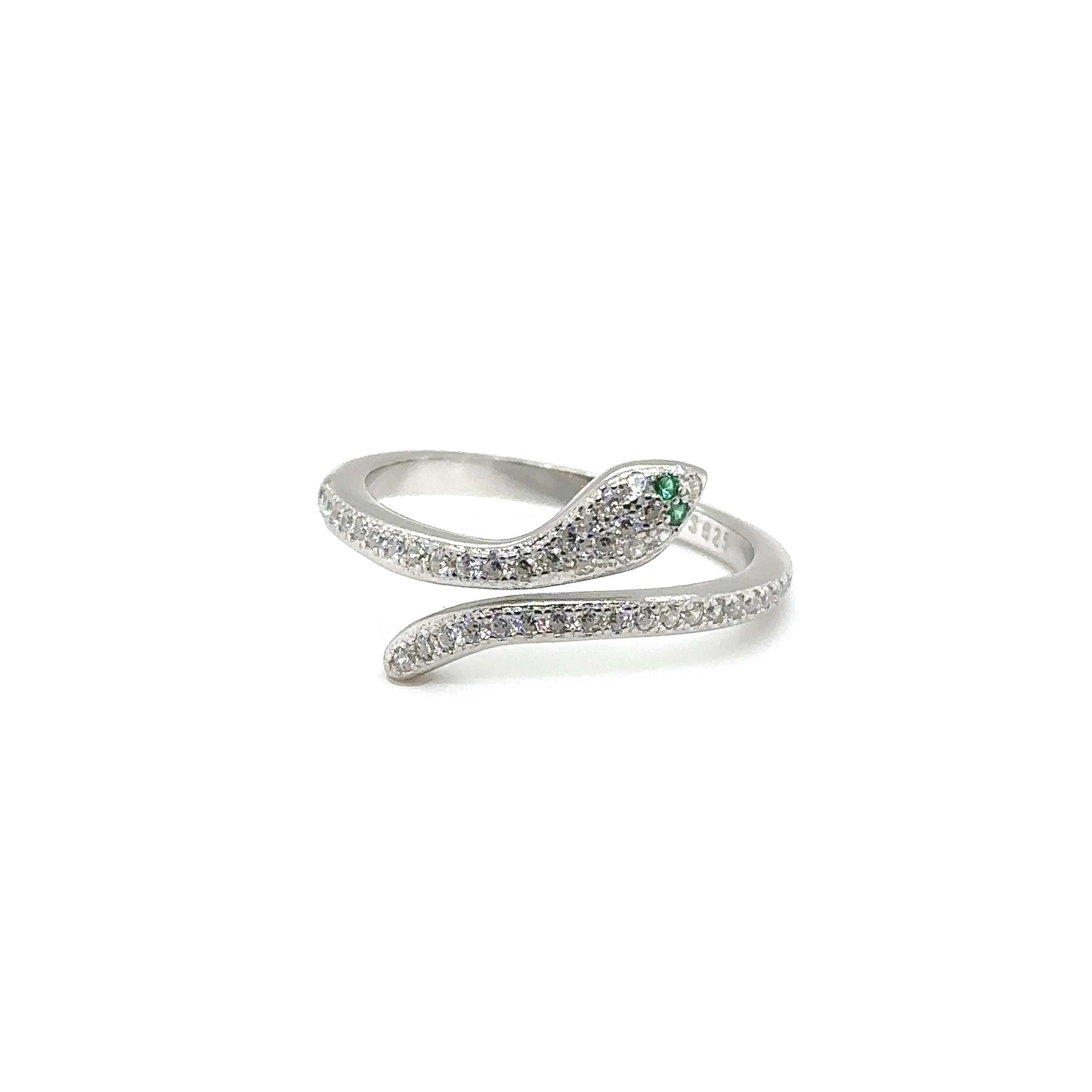 An Adjustable Cubic Zirconia snake ring adorned with emerald stones on a white background.
