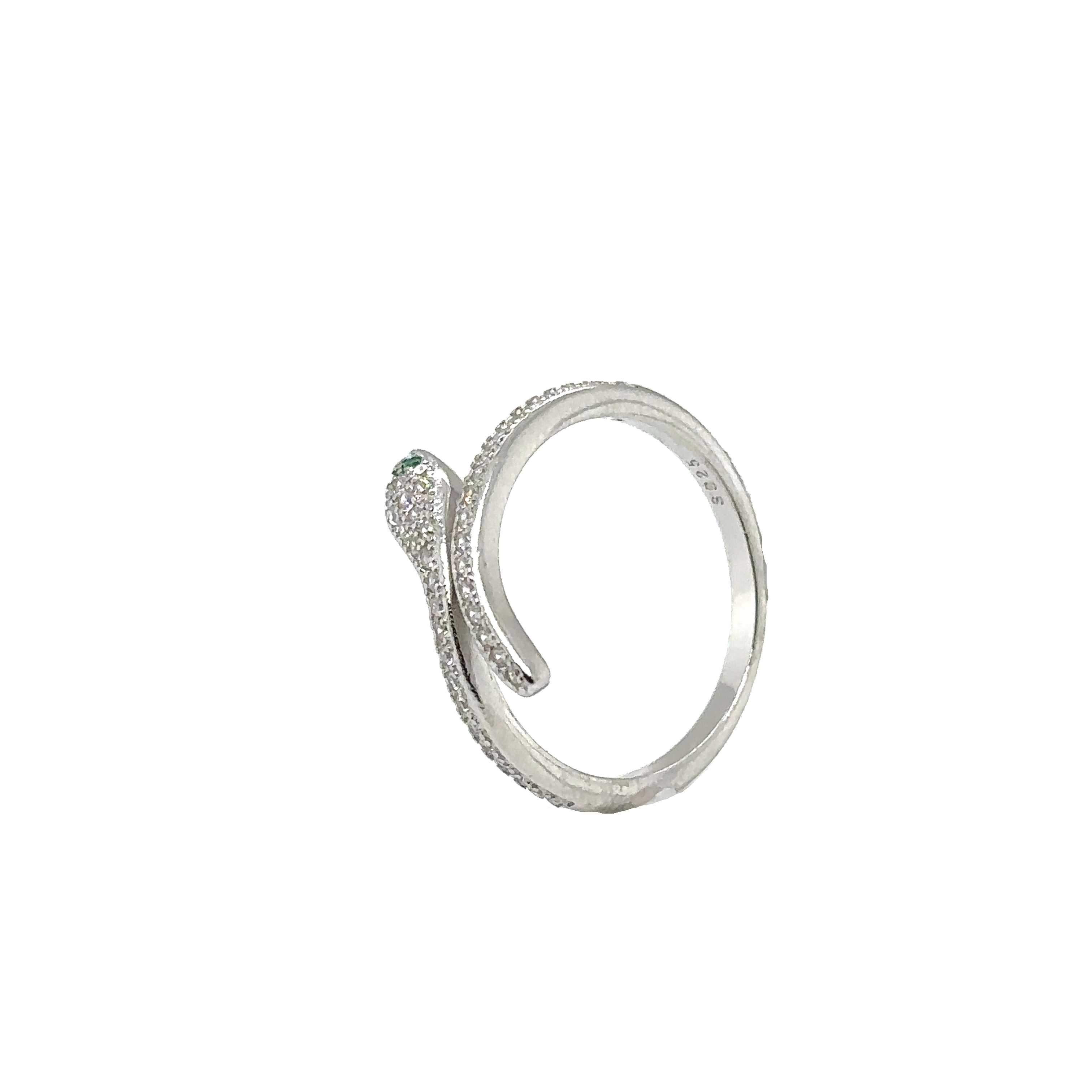 An emerald and diamond Adjustable Cubic Zirconia Snake Ring on a white background featuring an exquisite sterling silver band.