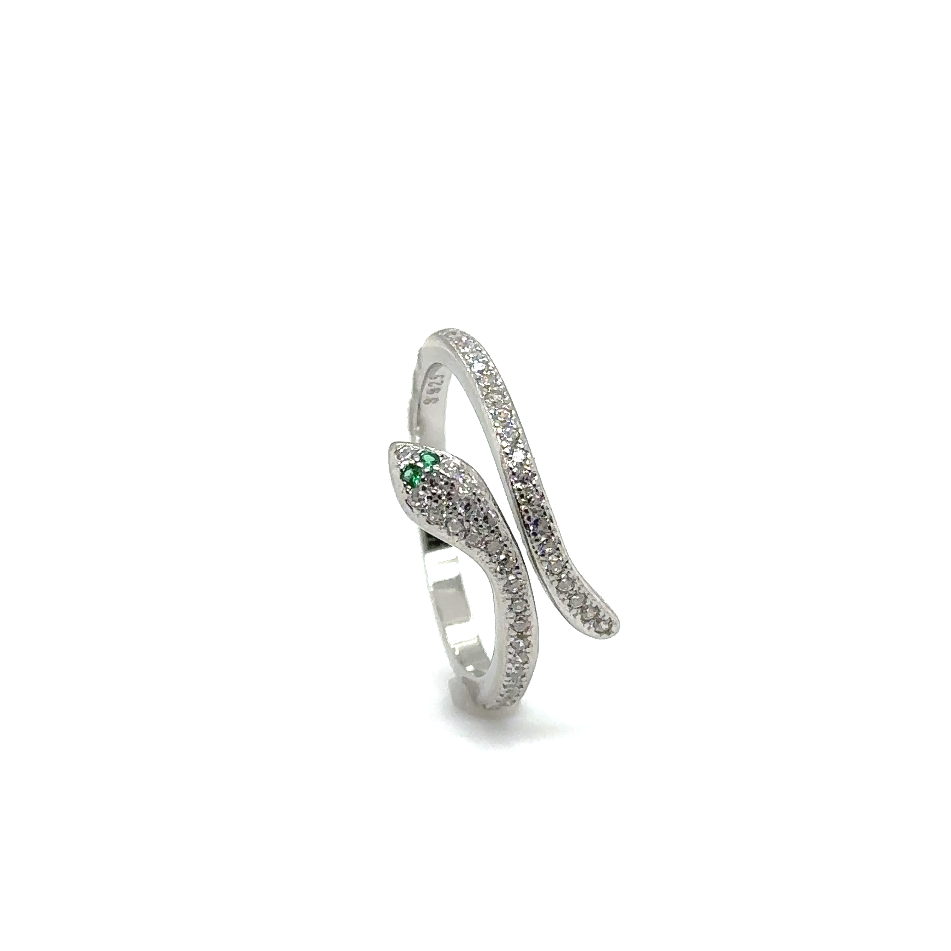 An adjustable cubic zirconia snake ring adorned with emerald stones.