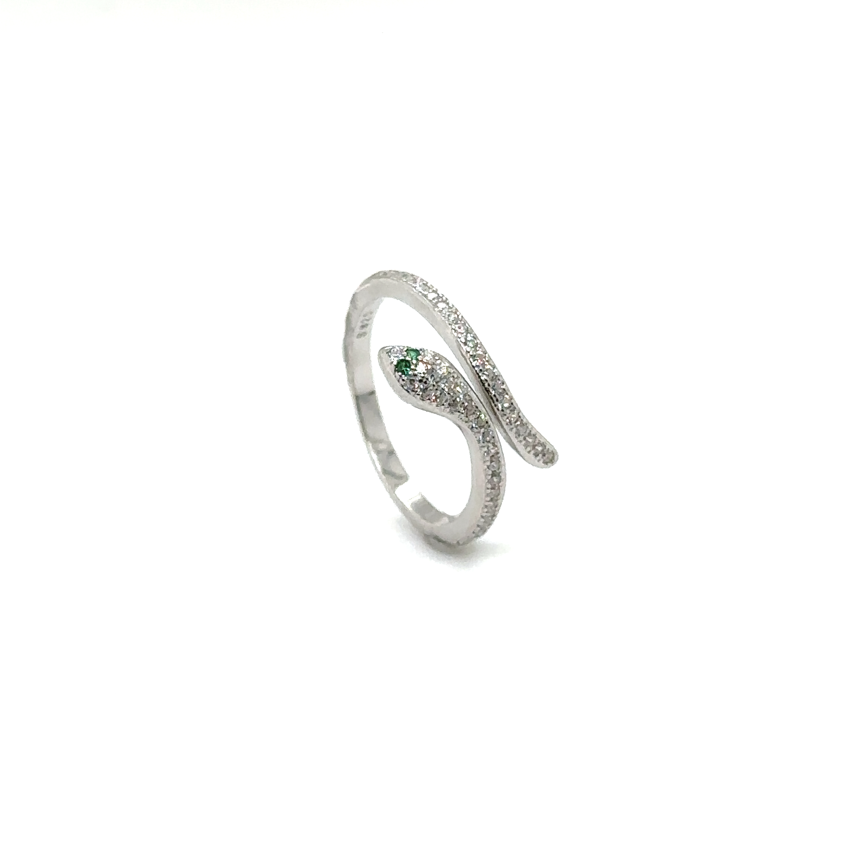 An Adjustable Cubic Zirconia Snake Ring adorned with emerald stones on a white background.