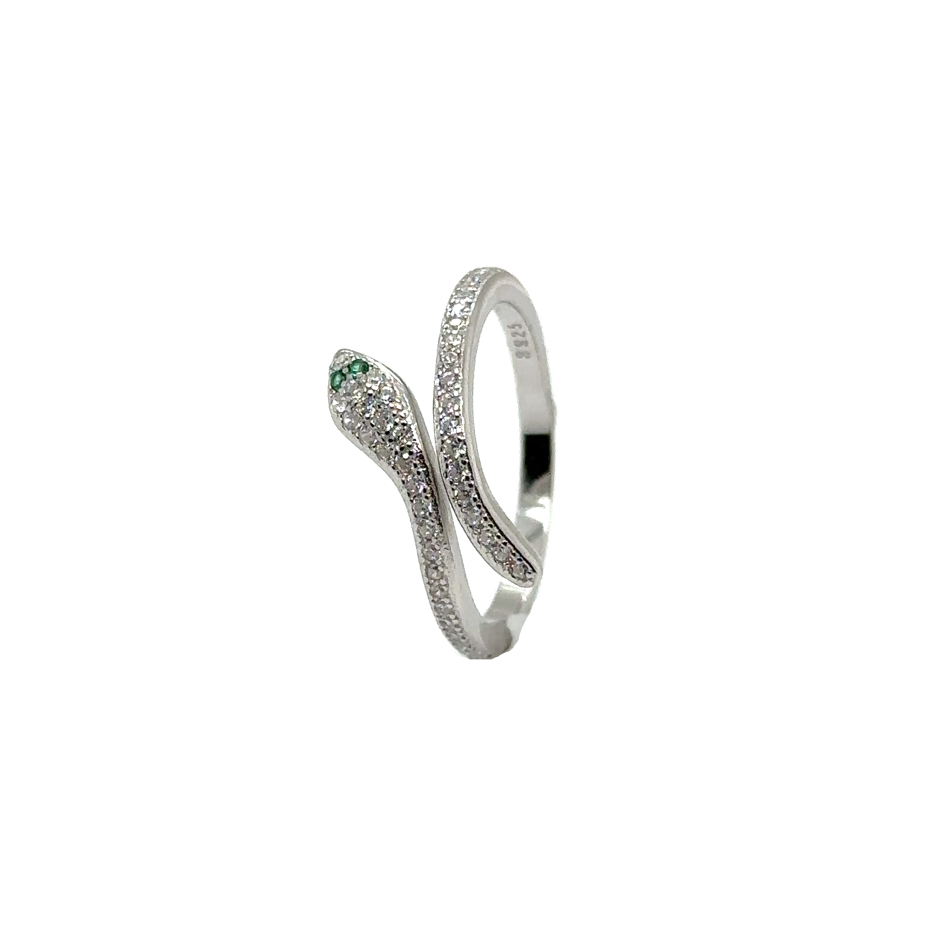 An Adjustable Cubic Zirconia snake ring adorned with emeralds and diamonds.