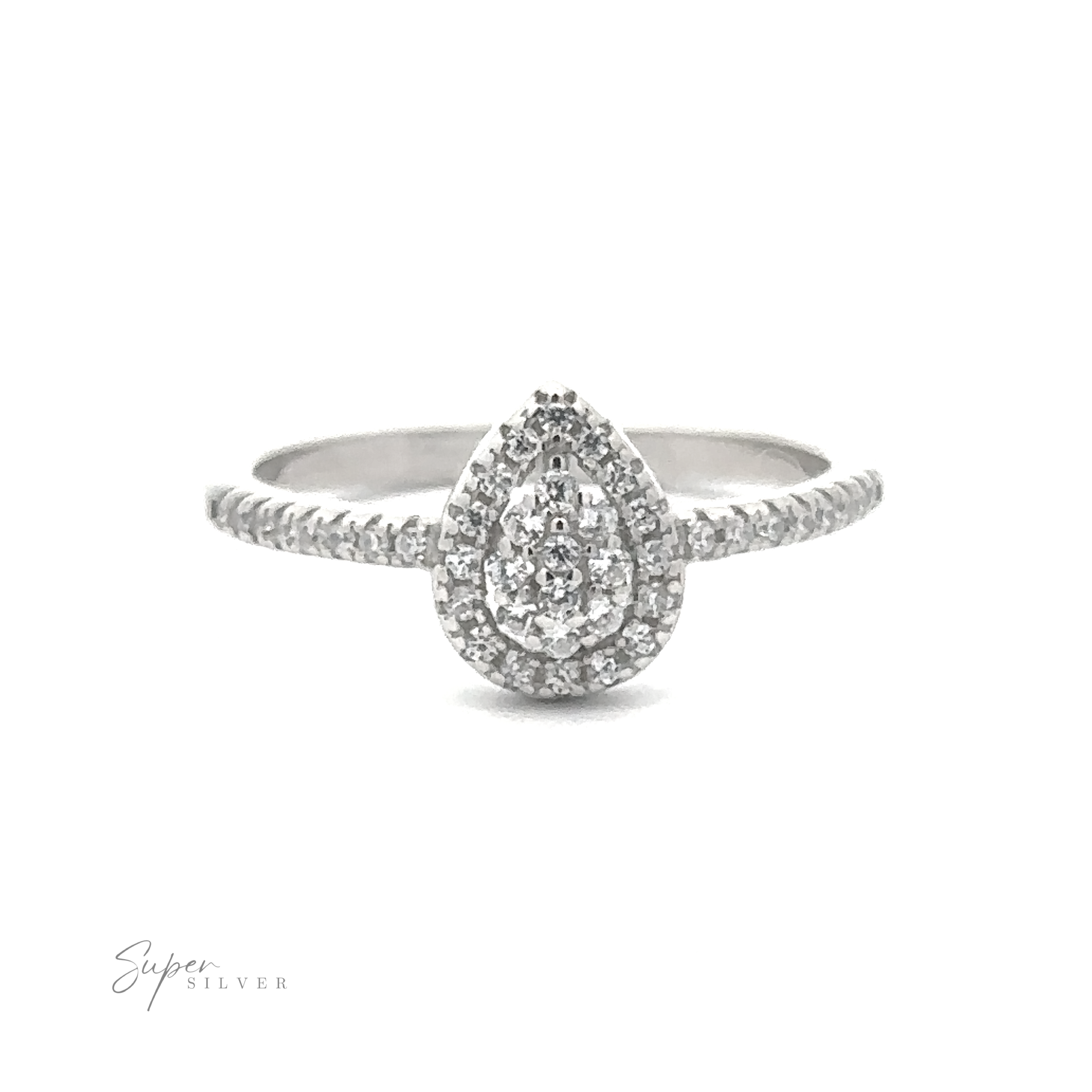 The Teardrop Pave Cubic Zirconia Ring features a teardrop-shaped setting, embellished with multiple small cubic zirconia stones on a plain background, enhanced by a rhodium finish for added shine.