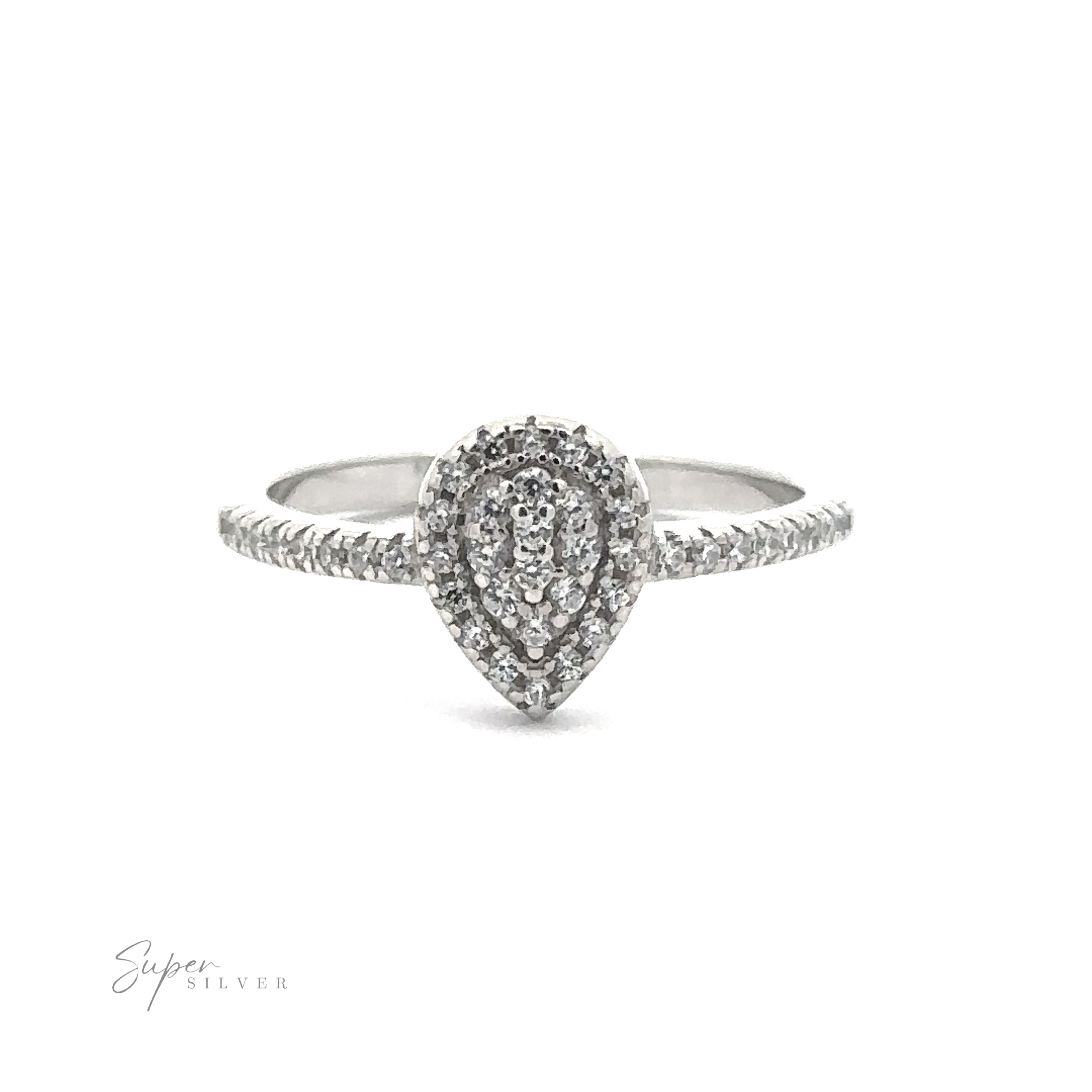 The Teardrop Pave Cubic Zirconia Ring showcases a central teardrop-shaped pave cubic zirconia stone, surrounded by smaller stones and complemented by additional sparkling stones along the band.