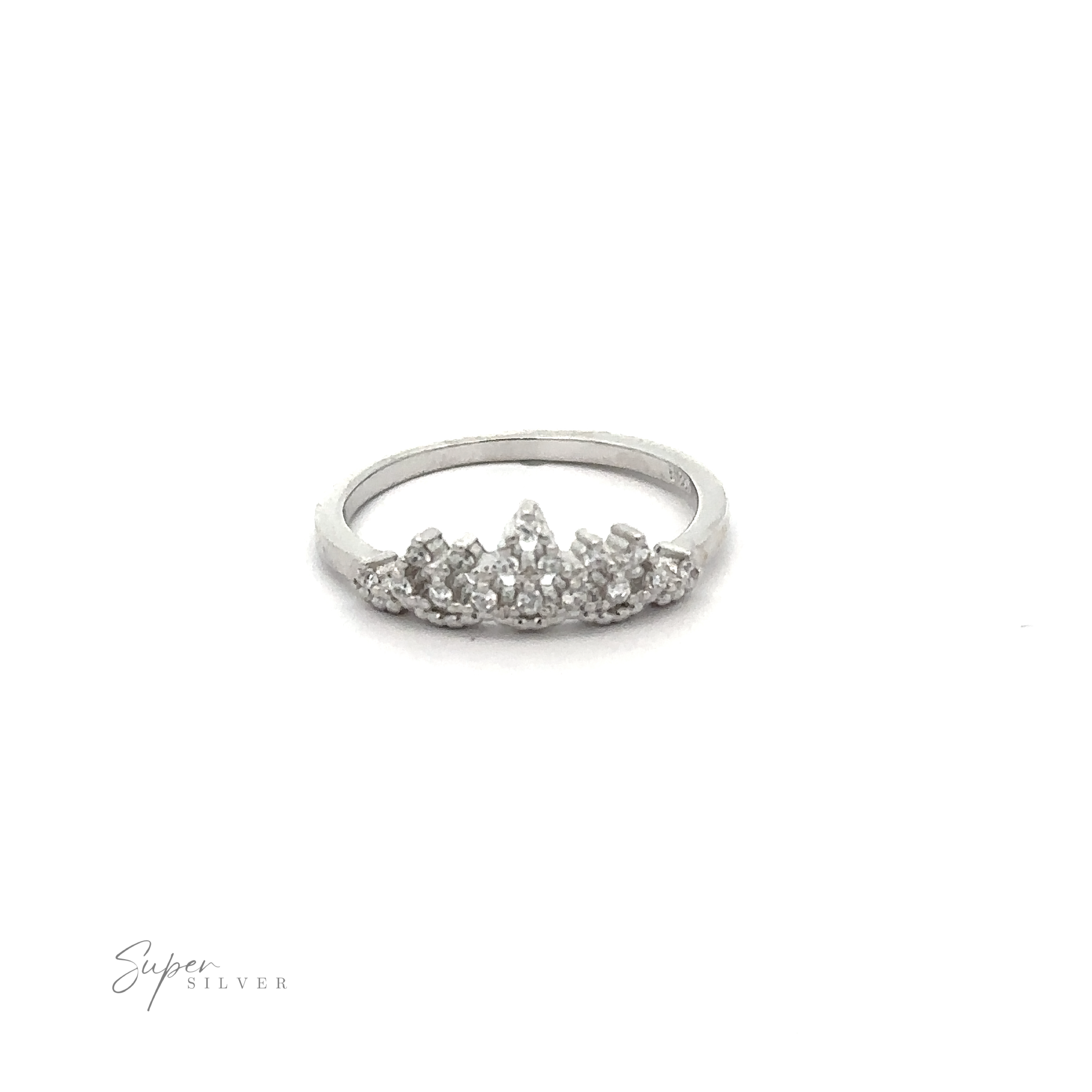A Dainty Cubic Zirconia Crown Ring, featuring a silver design adorned with a cluster of small, clear cubic zirconia gemstones, is displayed against a plain white background. The text "Super Silver" appears in the bottom left corner.