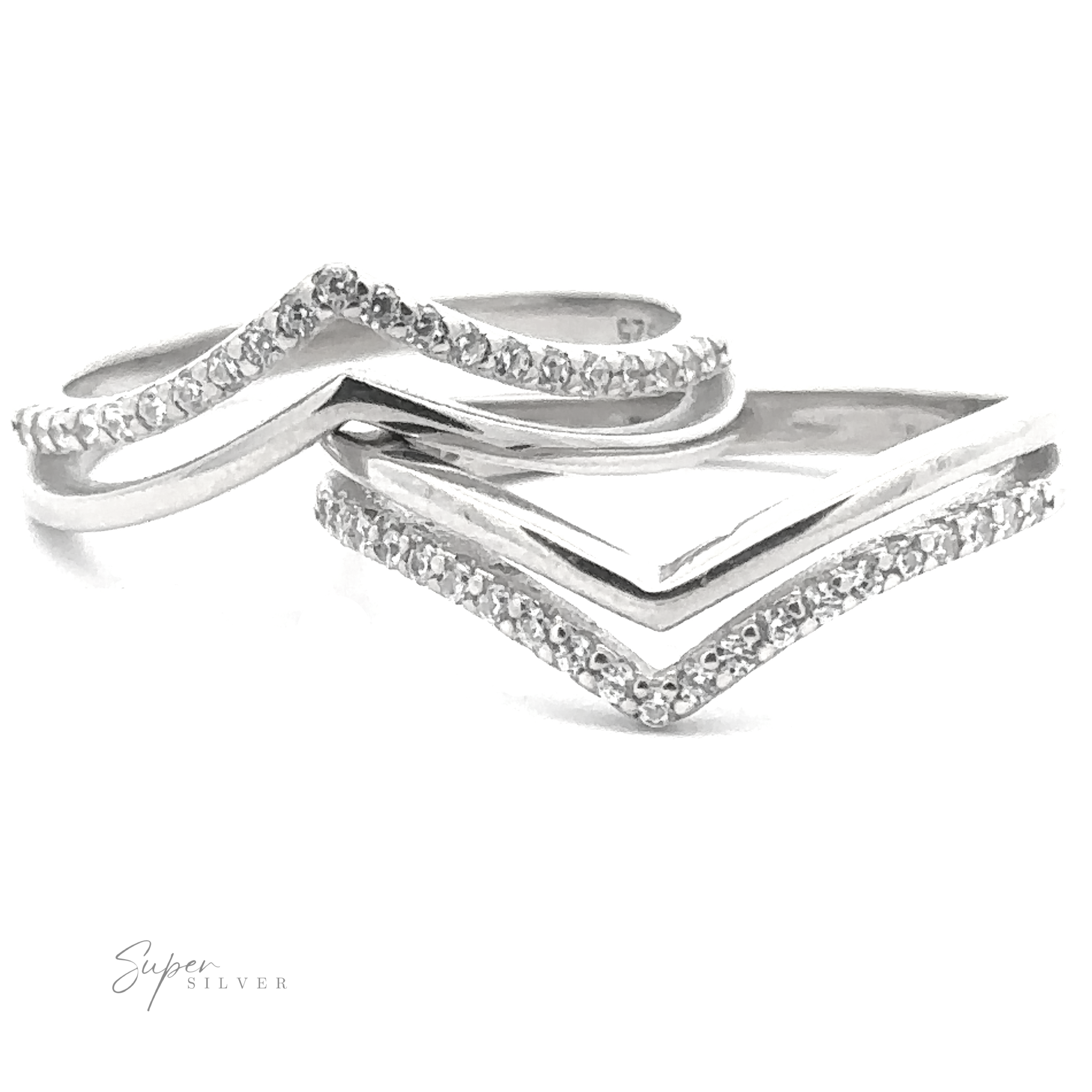 Two sterling silver rings with a modern double chevron design, adorned with small cubic zirconia gemstones, photographed on a white background. The rings are labeled as "Double Chevron Cubic Zirconia Ring.