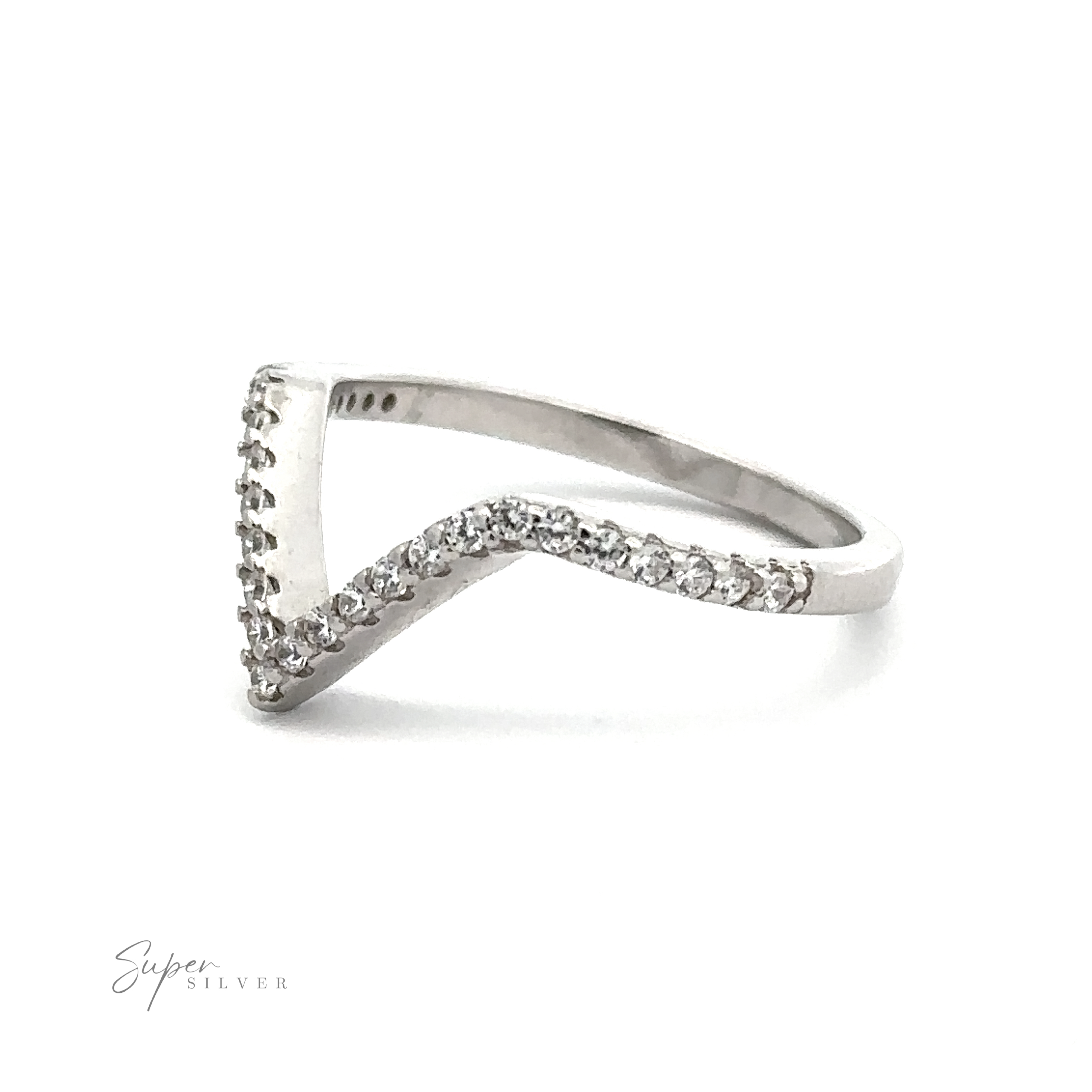 A Pave Set Cubic Zirconia Chevron Ring featuring a chevron design adorned with small diamonds along the upper edge. The ring is displayed on a white background with the text "Super Silver" in the bottom left corner.