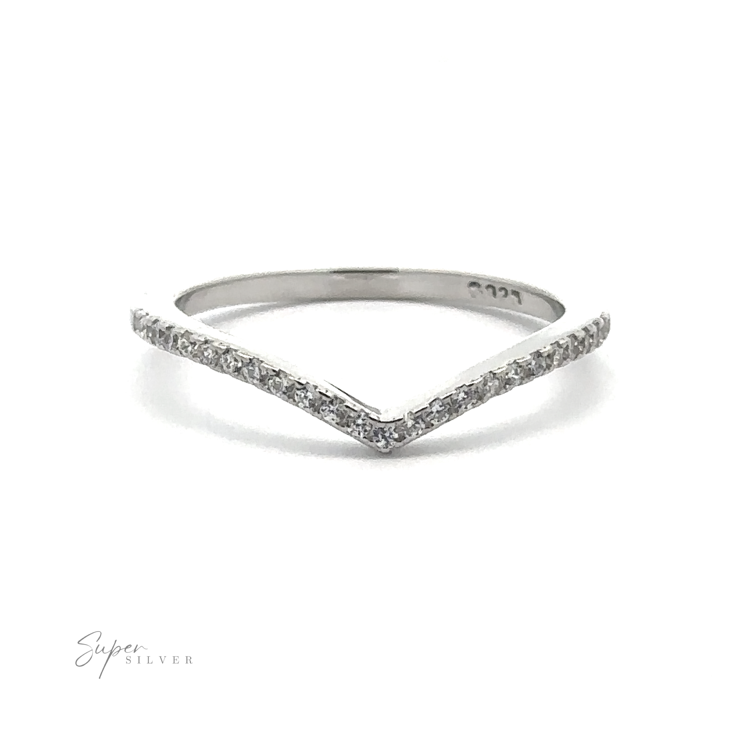 The Pave Cubic Zirconia Chevron Ring is a sterling silver piece featuring a V-shaped design lined with pavé cubic zirconia along the top. This ring exudes modern elegance and is displayed on a white background.