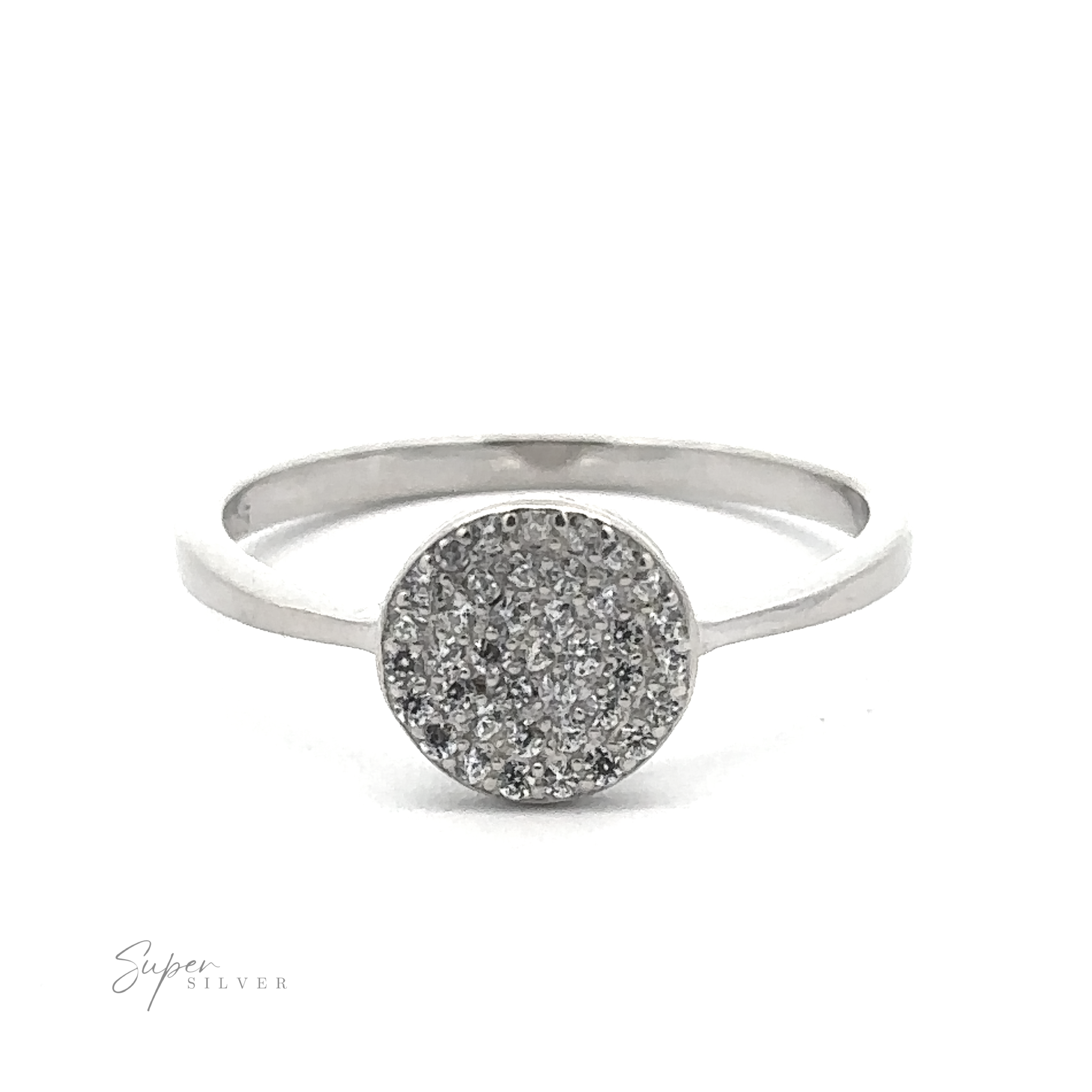 A stunning sterling silver ring with a round, textured design adorned with small, glittering cubic zirconia stones on the front. The text "Super Silver" is elegantly printed in the lower-left corner. Introducing the Round Pave Cubic Zirconia Ring.